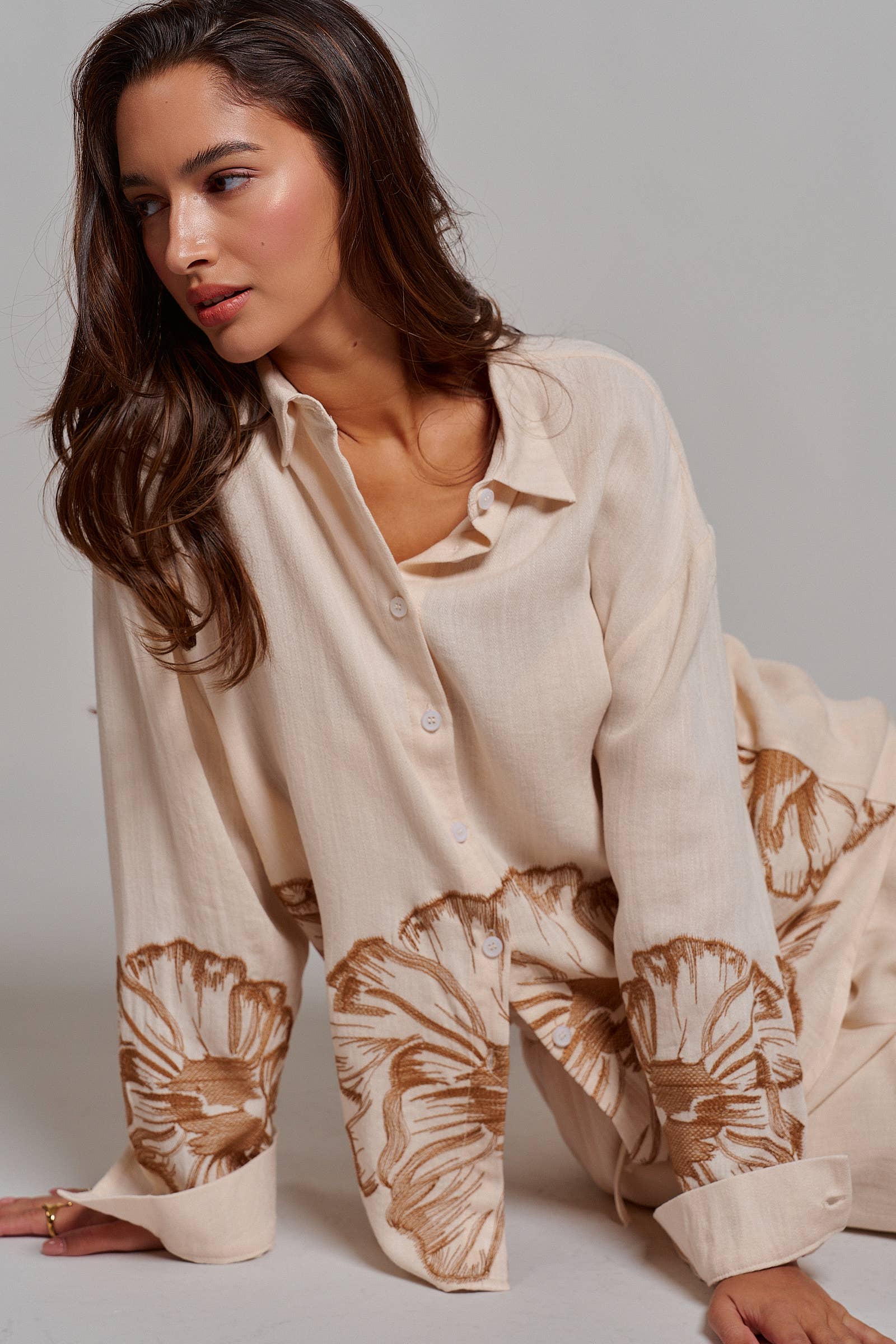 Floral Embroidered Oversized Button Down Shirt