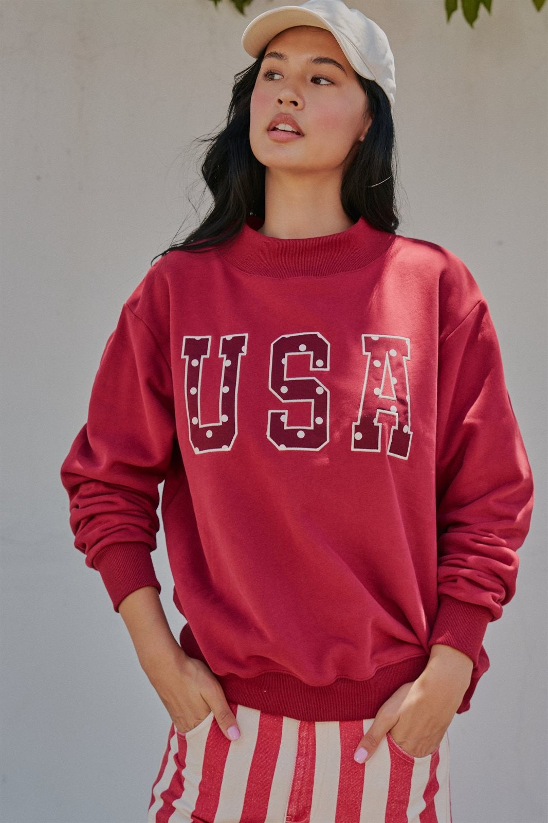 USA Polka Dot Varsity Letter Mock Neck Sweatshirt in BURGUNDY - Women's Sweatshirts & Hoodies | Urban Daizy
