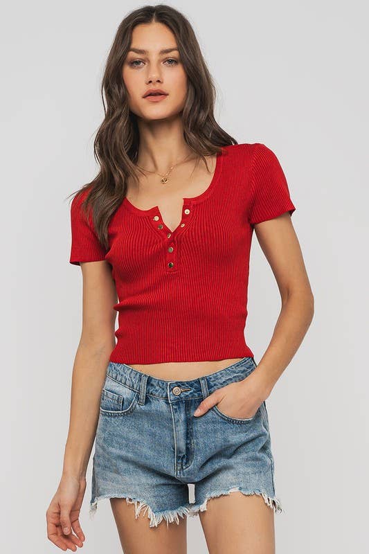 Urban Daizy Ribbed Scoop Neck Henley Cropped Summer Top Blue Knit Top - Women's (UDZ-TP-00758) – alternate view 7