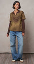 Striped Collared Layered Polo Top in BROWN - Women's Sweaters | Urban Daizy