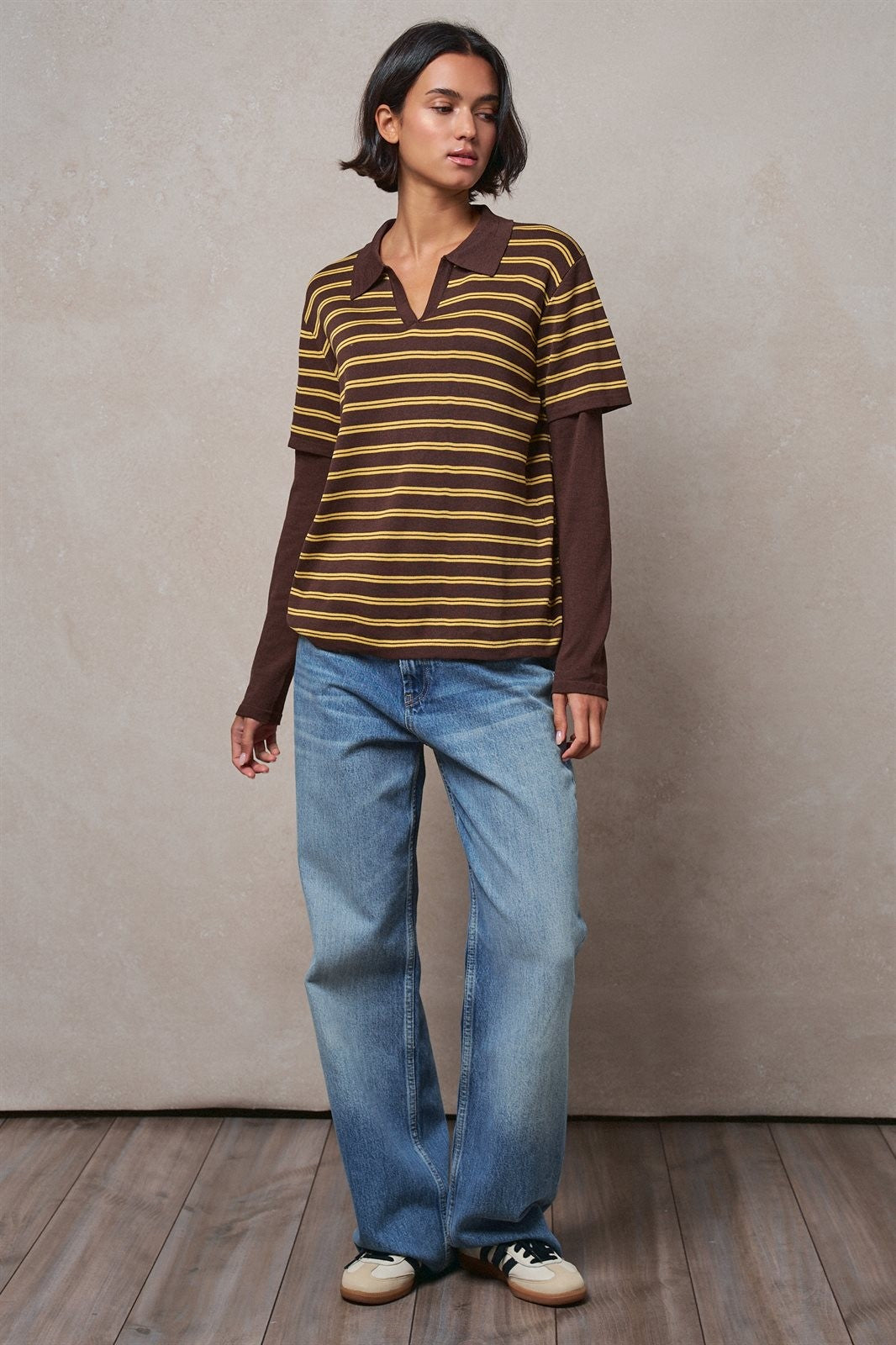 Striped Collared Layered Polo Top in BROWN - Women's Sweaters | Urban Daizy
