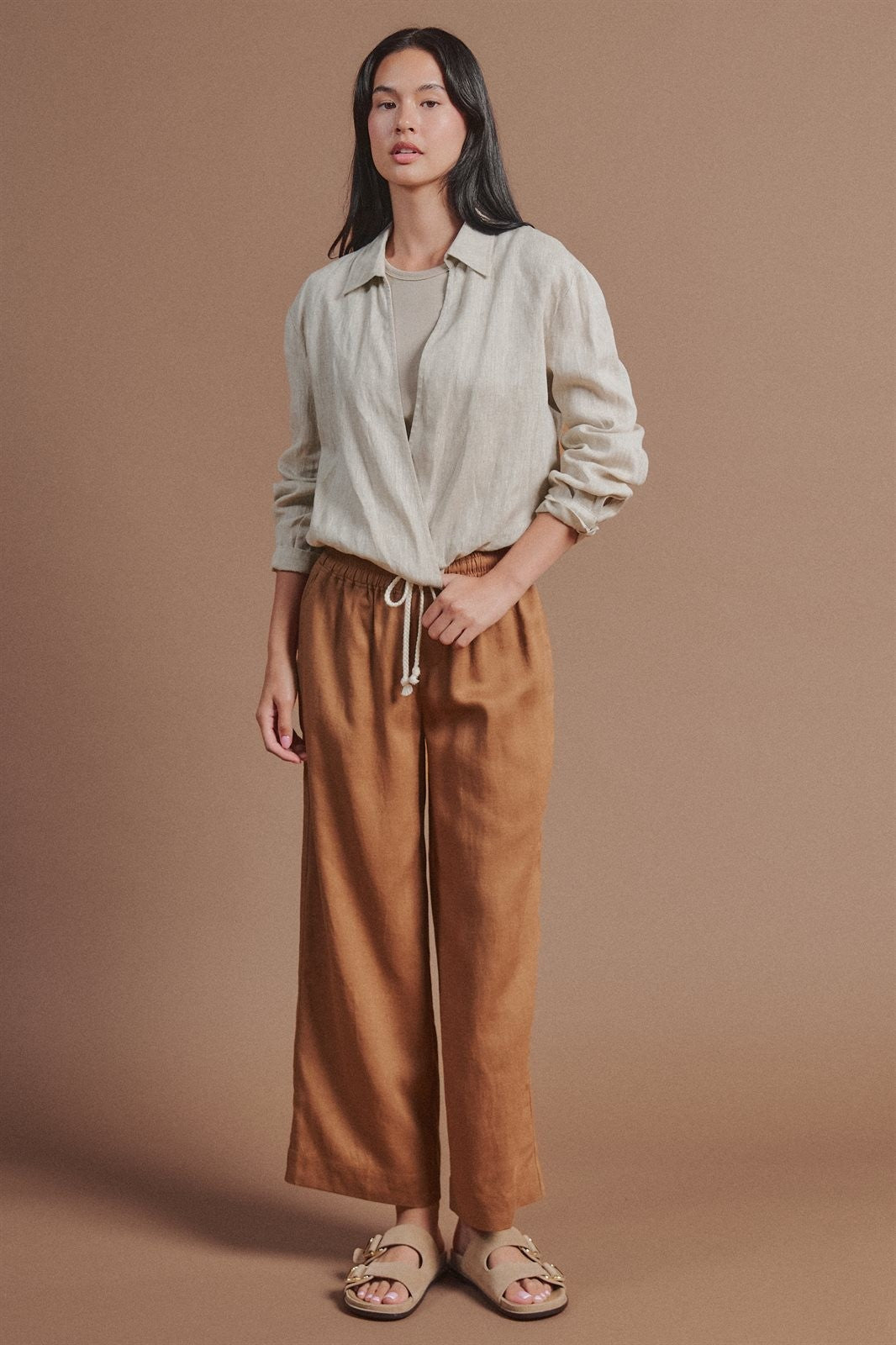 Linen Double Layer Wrap Blouse with Built-In Tank in LINEN - Women's Shirts & Blouses | Urban Daizy