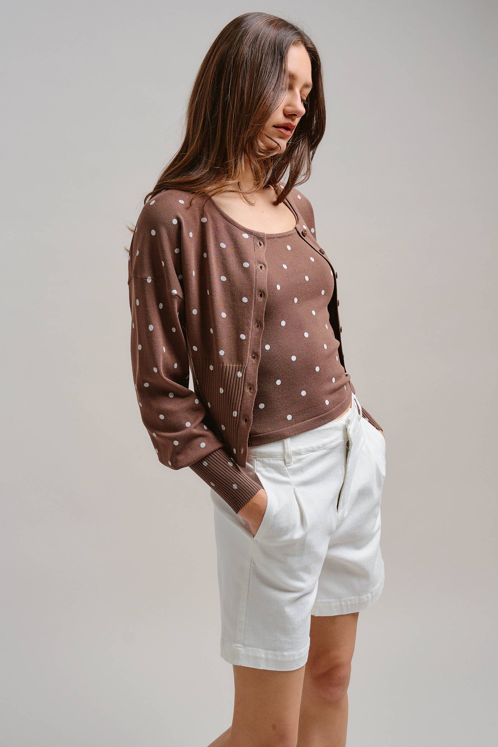 Urban Daizy Polka Dot Button-Front Cardigan MOCHA Cardigan - Women's (TNOW1380-MOCHA) – alternate view