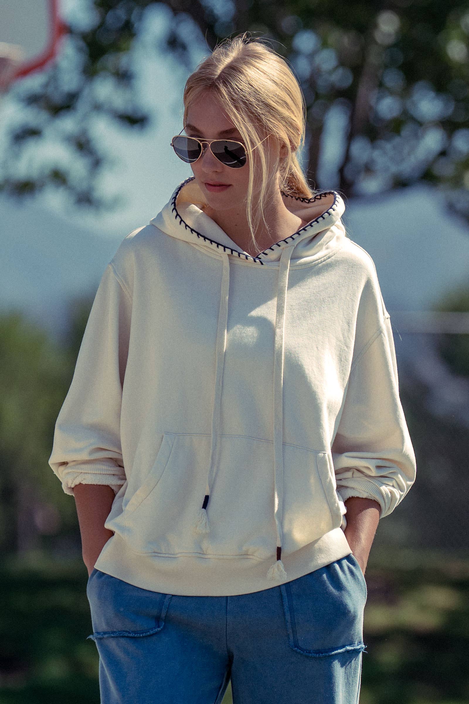 Vintage-Wash Crochet Trim Hooded Sweatshirt