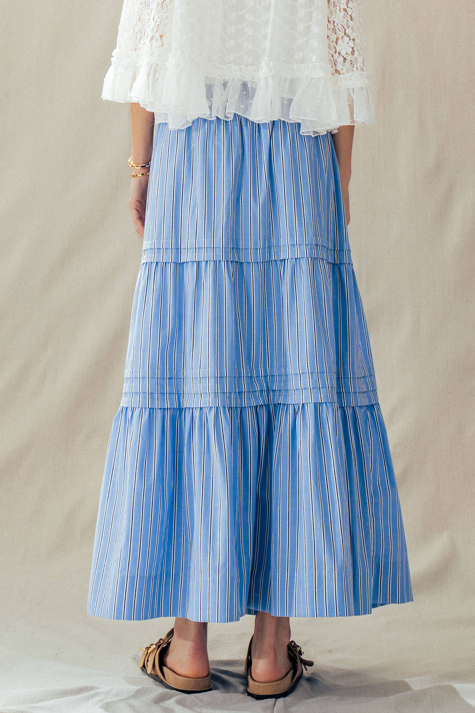 Striped Cotton Tiered Smocked Maxi Skirt