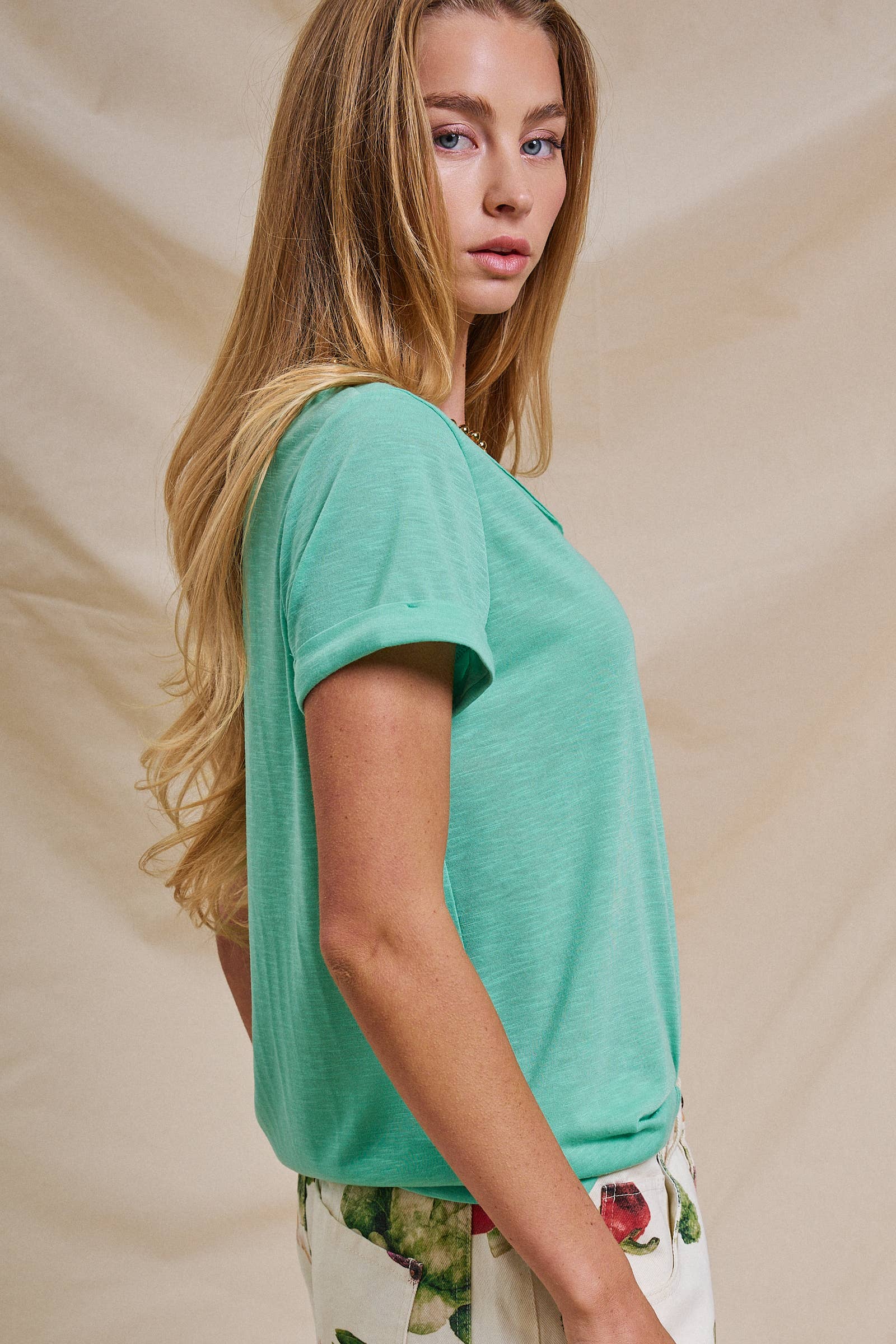 Rolled Sleeve V-Neck Pocket Tee