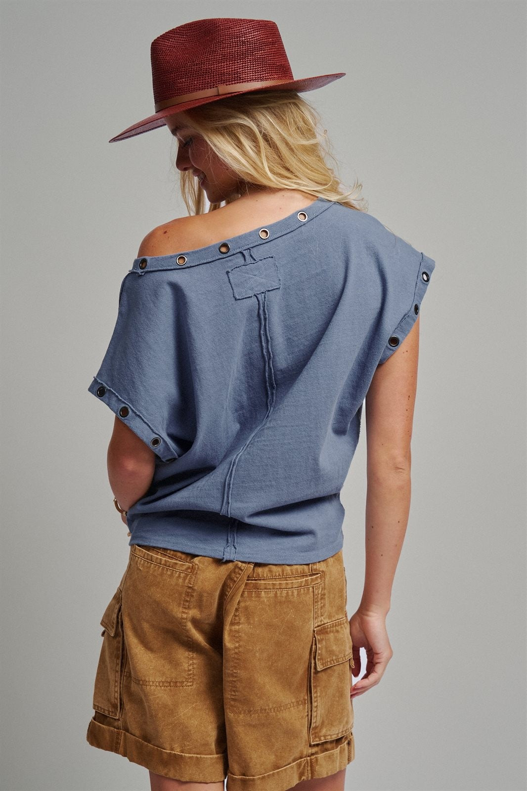 Grommet Trim Washed Cotton Boat Neck Top in VINTAGE NAVY - Women's T-Shirts & Polos | Urban Daizy