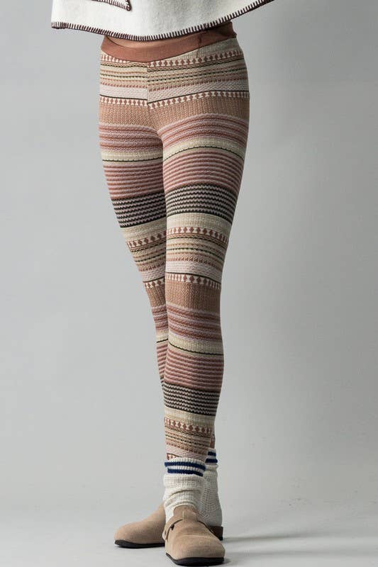 Urban Daizy Cozy Multi Striped Sweater Knit Winter Leggings Mocha Athletic Lounge Leggings - Women's (UDZ-XX-00002)