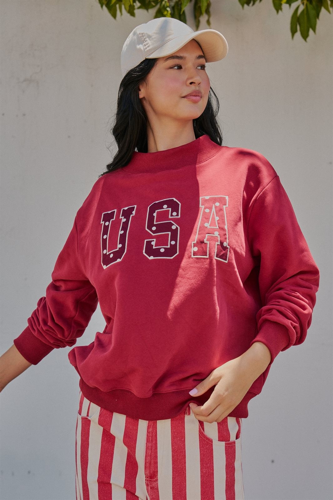 USA Polka Dot Varsity Letter Mock Neck Sweatshirt in BURGUNDY - Women's Sweatshirts & Hoodies | Urban Daizy