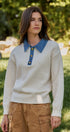 Denim Collar Polo Sweater with Gold Buttons in IVORY - Women's Sweaters | Urban Daizy