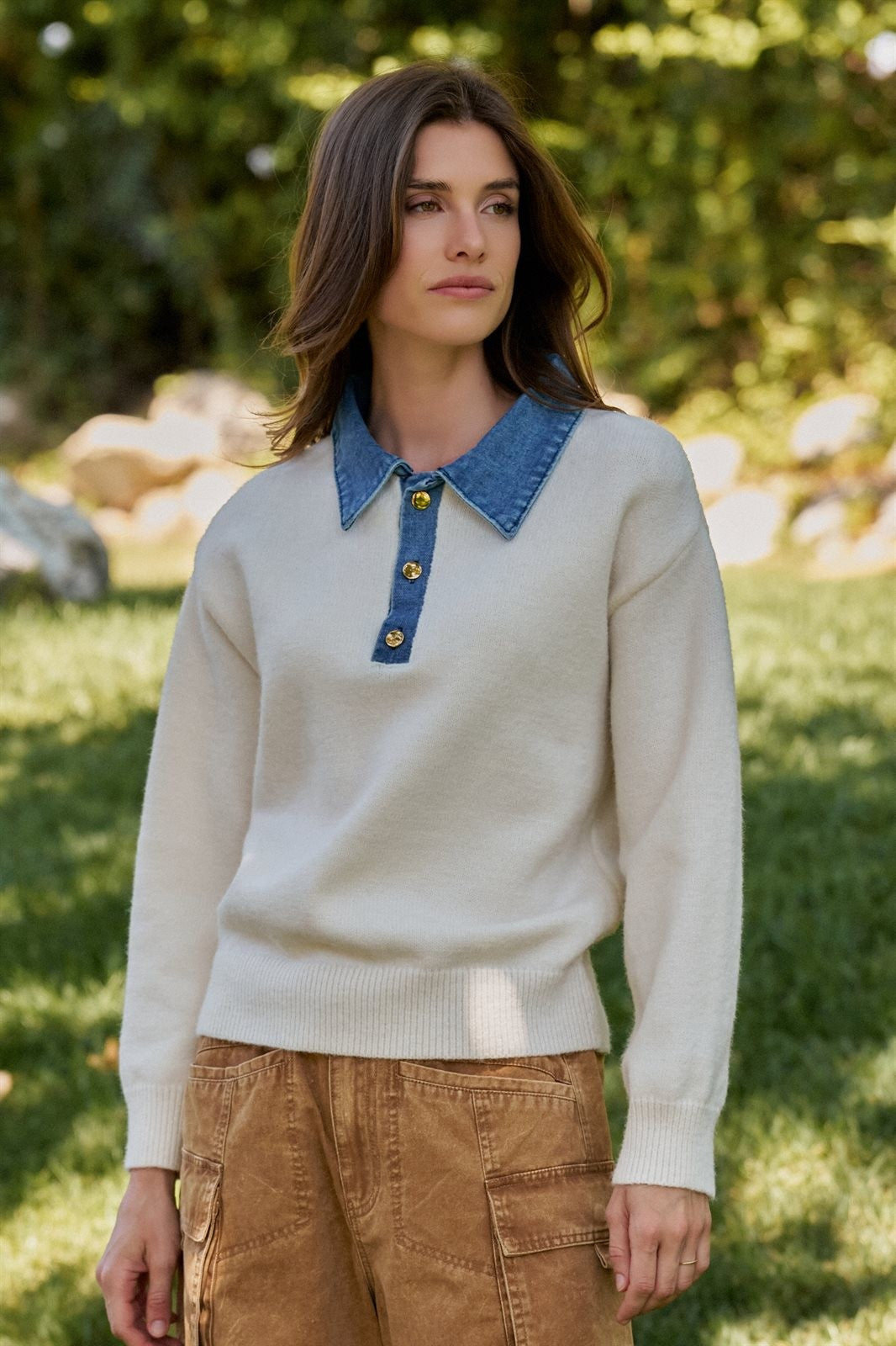 Denim Collar Polo Sweater with Gold Buttons in IVORY - Women's Sweaters | Urban Daizy
