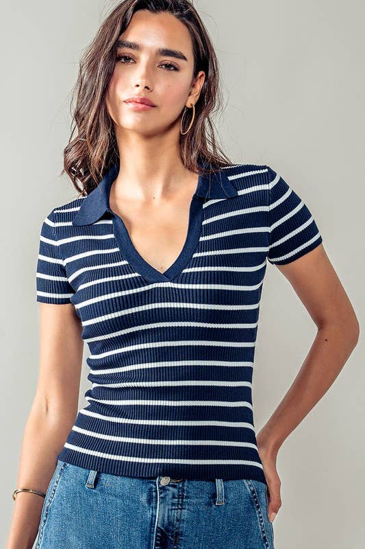 Urban Daizy Ribbed Stripe V-Neck Knit Top Ivory Knit Top - Women's (UDZ-TP-00562) – alternate view 17