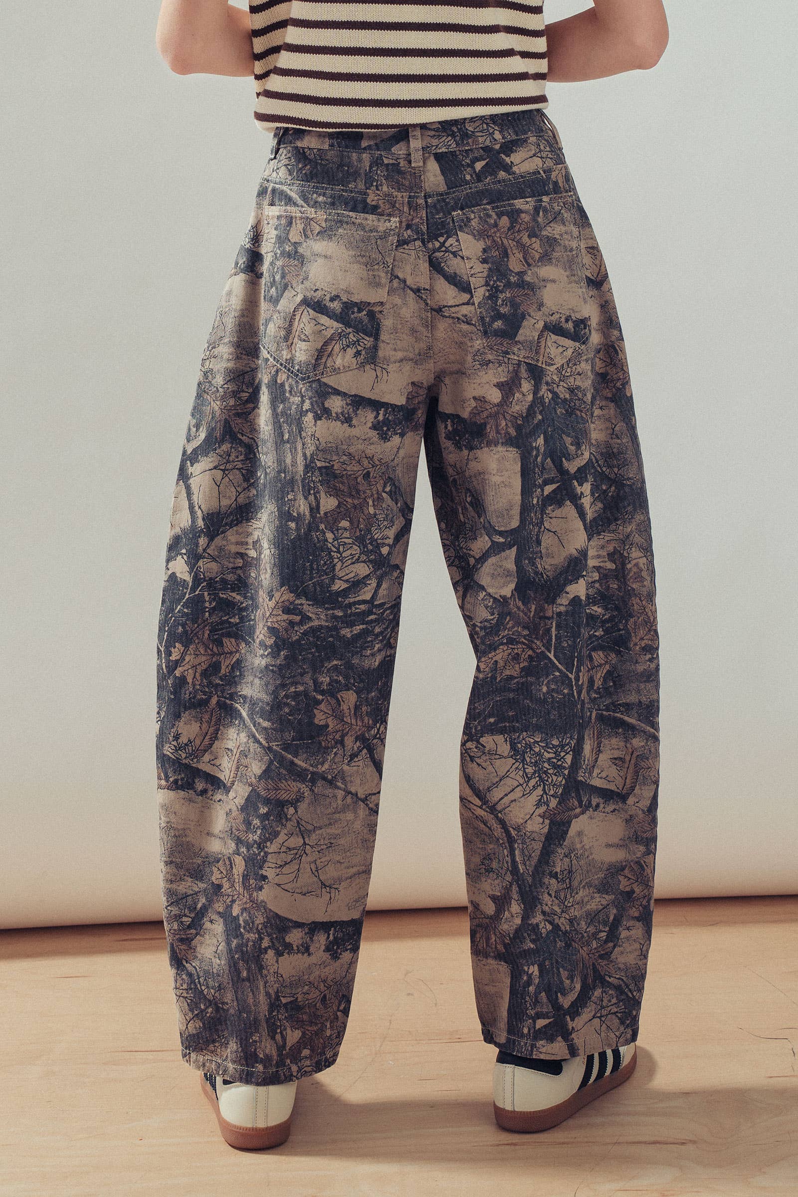 Forest Camo Print Barrel Leg Jeans