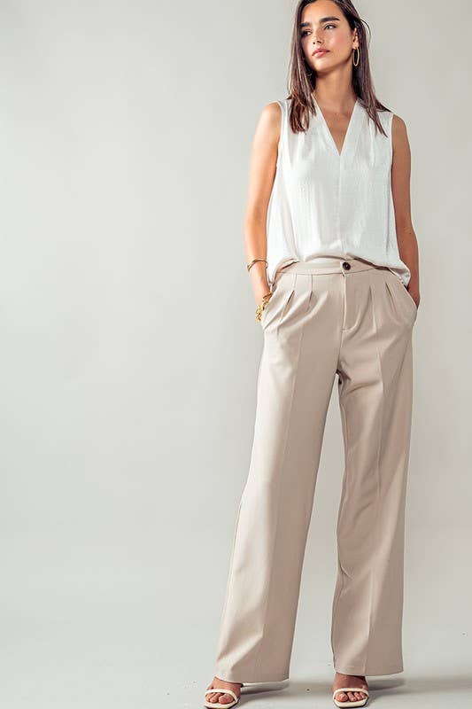 Urban Daizy Contemporary High Waist Pleated Wide Leg Trousers Beige Pants - Women's (UDZ-PT-00272) – alternate view 8