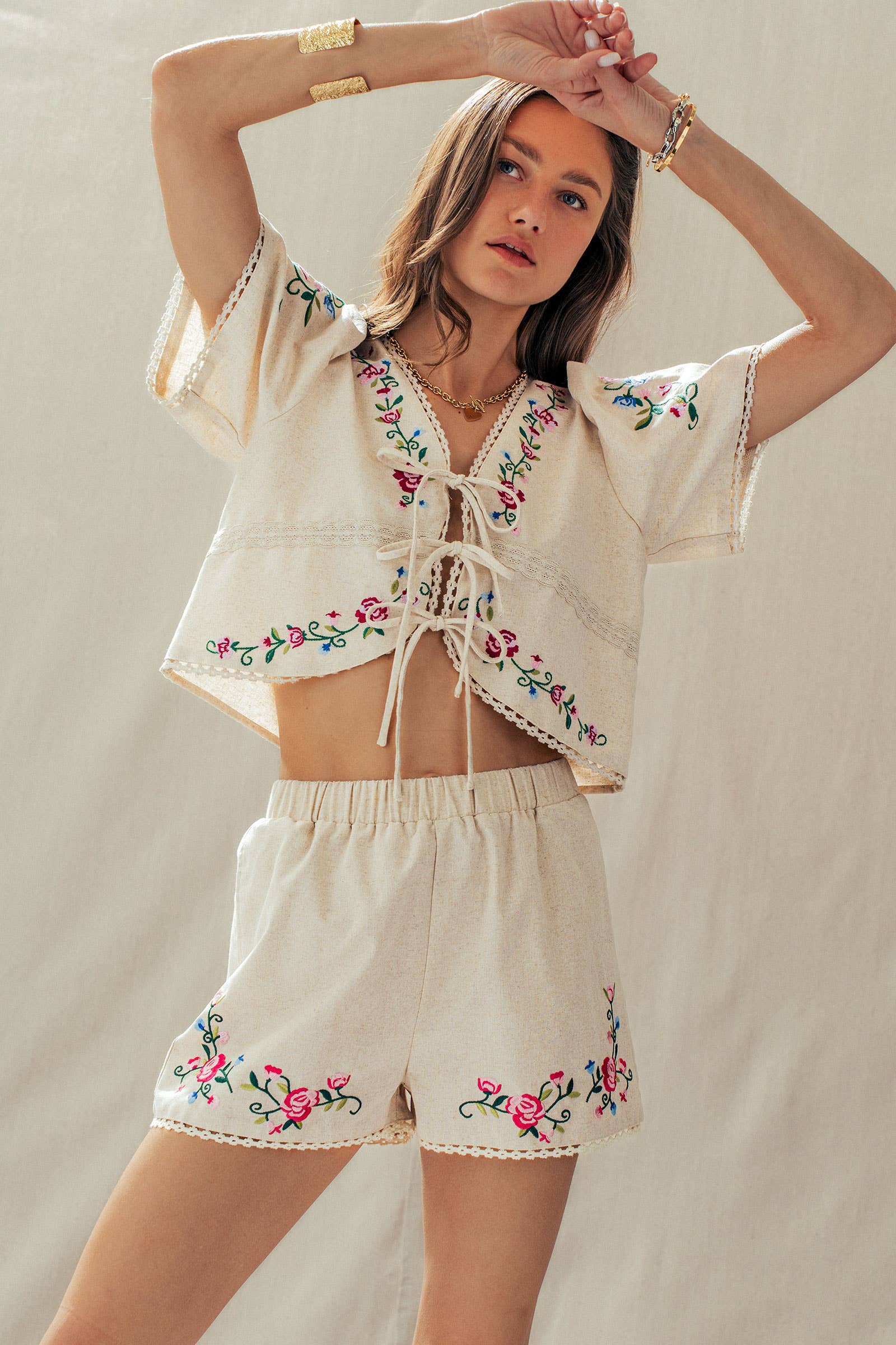 Boho Embroidered Lace Trim High-Rise Summer Shorts