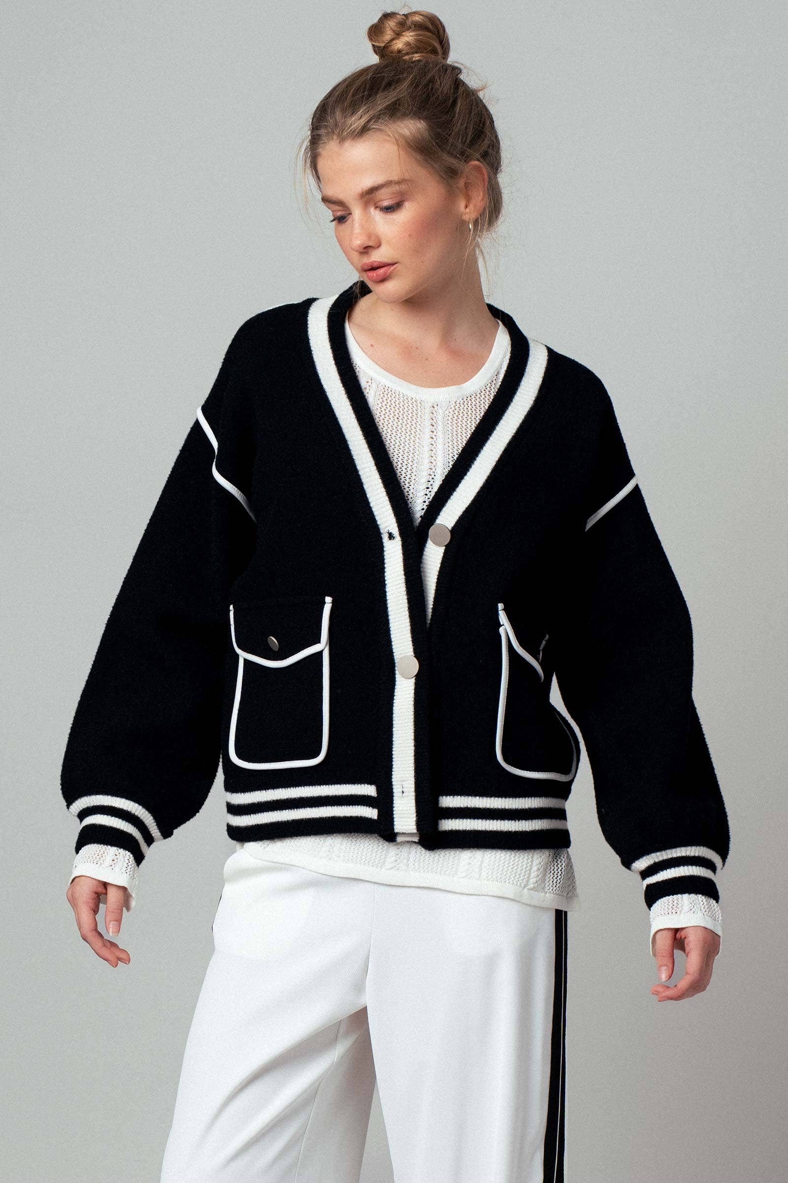 Contrast Trim Varsity Knit Cardigan