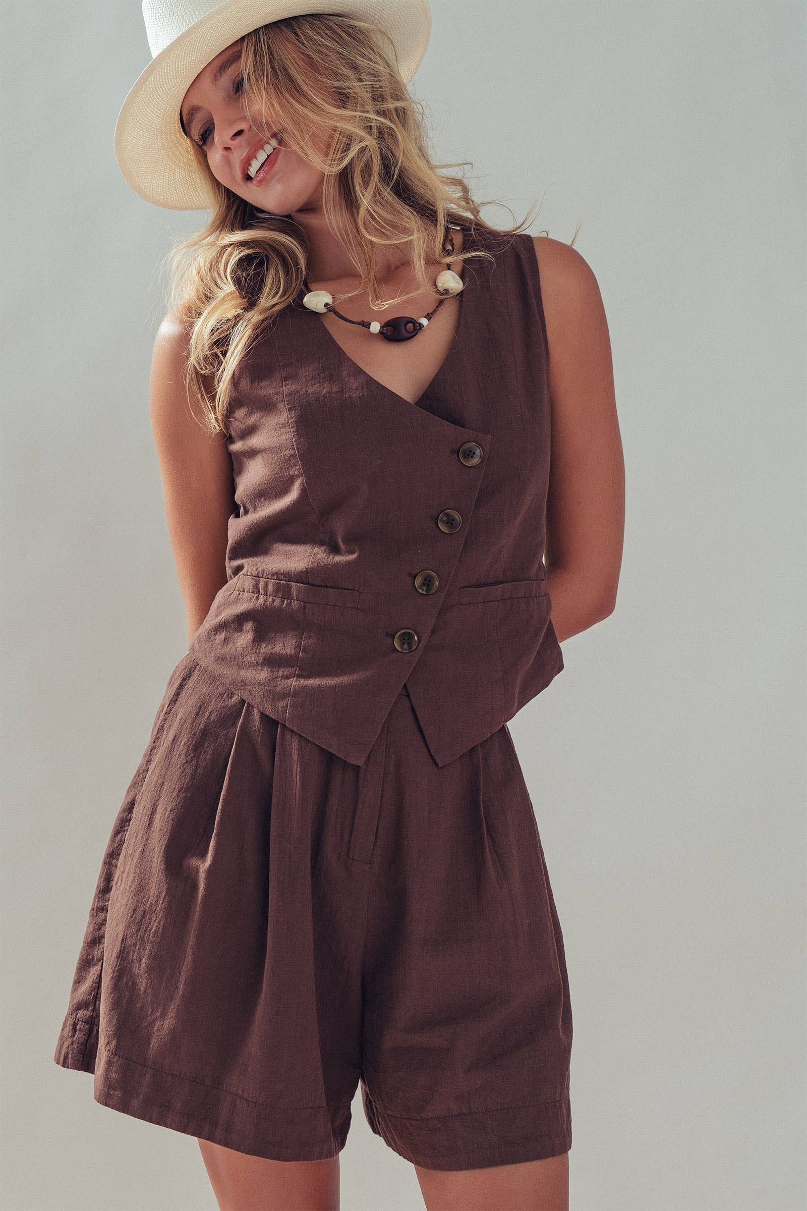 Asymmetrical Button Cotton Vest & Shorts Set
