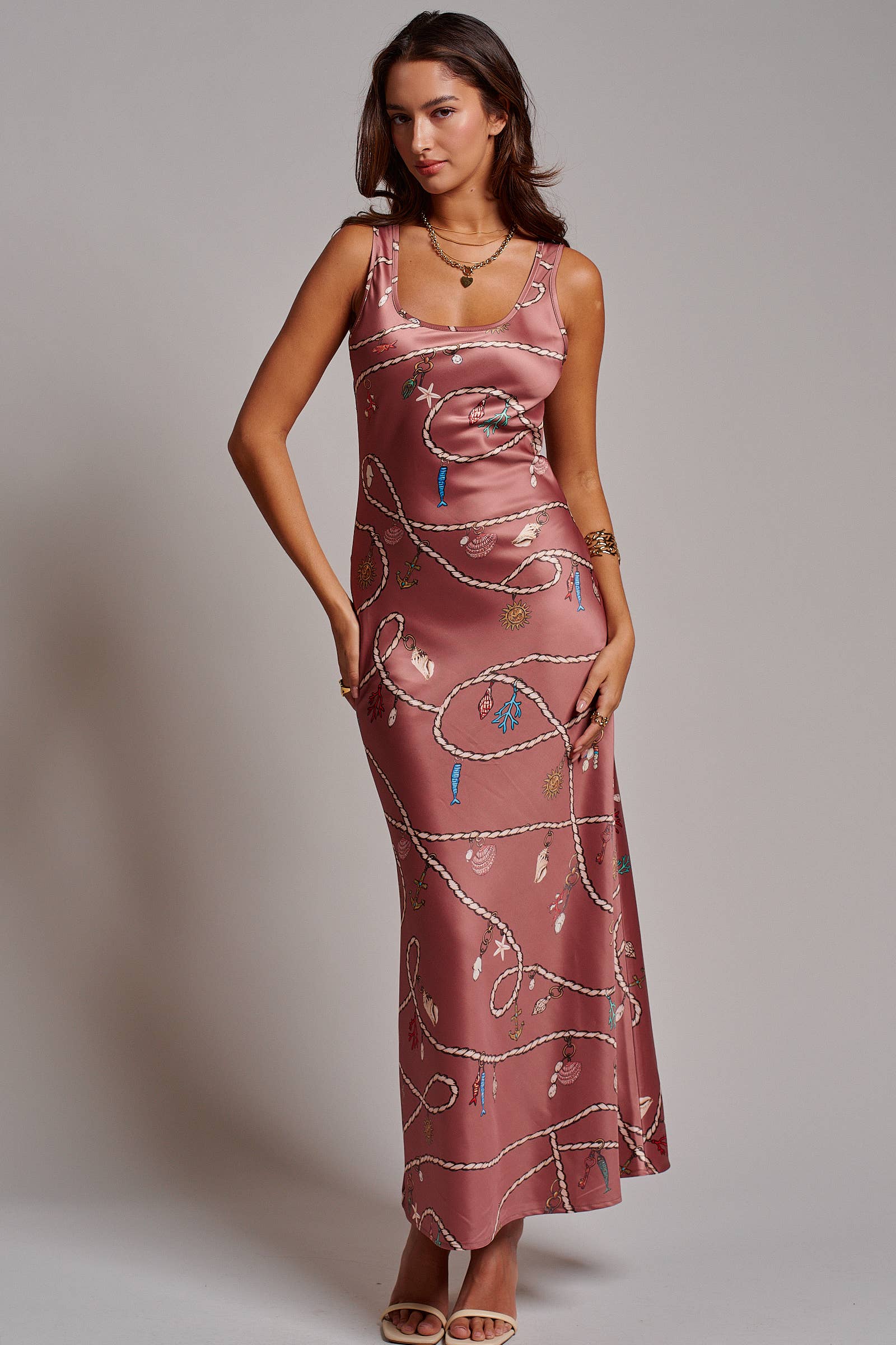 Urban Daizy Coastal Rope Print Satin Slip Midi Dress Brown Dress - Women's (UDDR0360-Brown) – alternate view 2