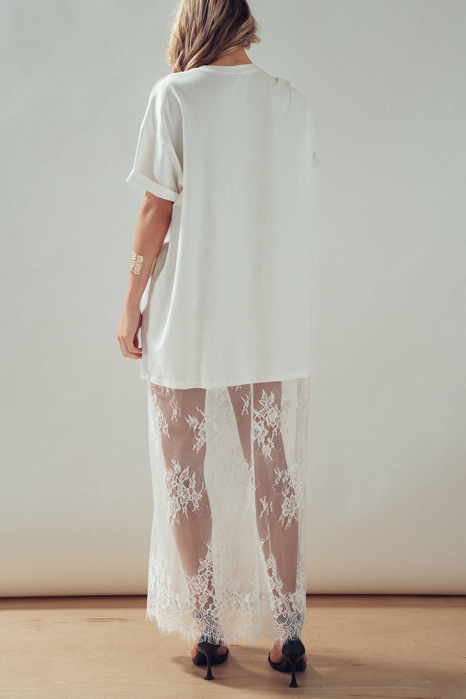 Mixed-Media T-Shirt Dress with Sheer Lace Skirt
