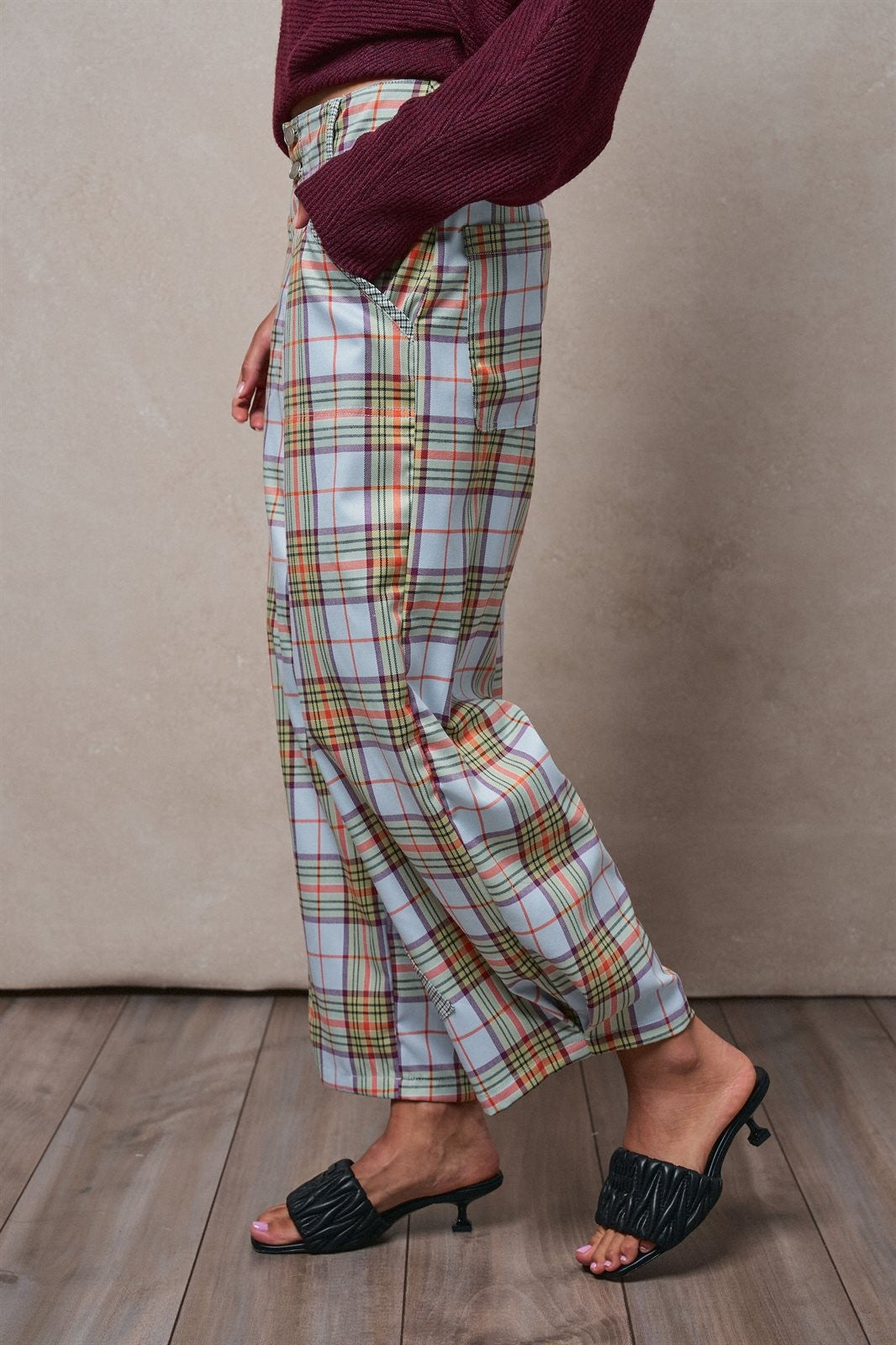 Plaid Barrel Pants Patchwork Western Boho Wide Trousers in GREY - Women's Casual Pants | Urban Daizy