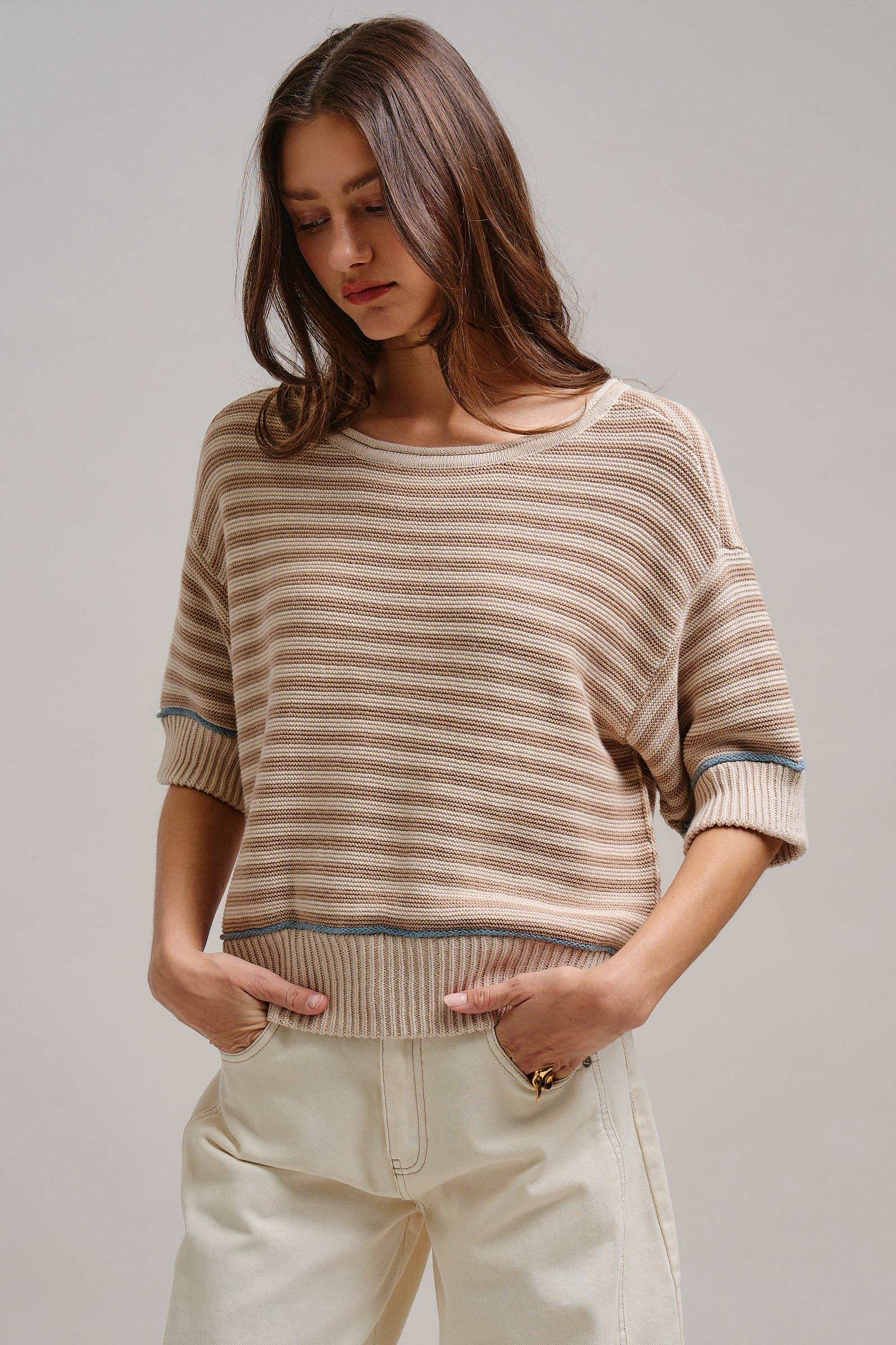 Yellow Striped Contrast Trim Sweater Tee