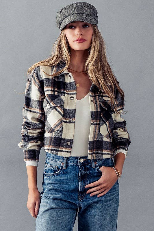 Urban Daizy BELLA SNAP BUTTON PLAID CROP JACKET Camel Jacket - Women's (UDZ-OT-00264) – alternate view 5