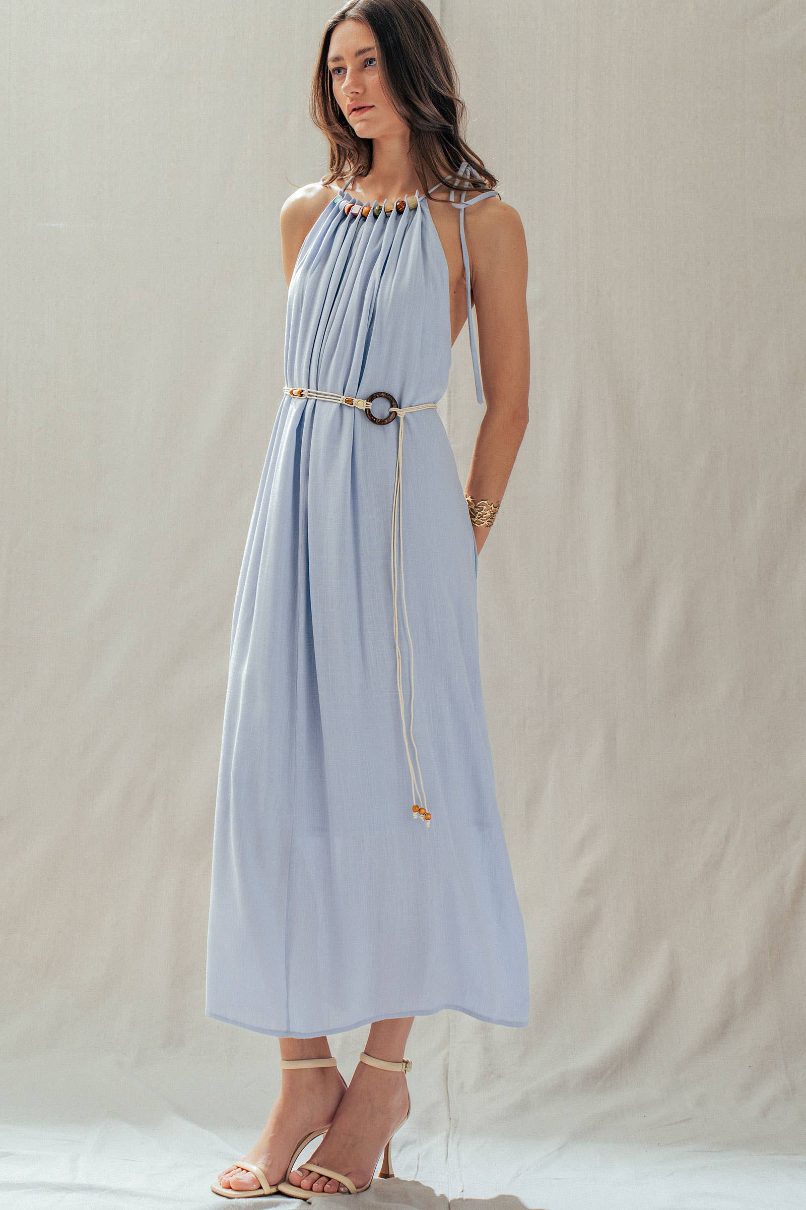 Beaded Halter Neck Linen Blend Maxi Dress