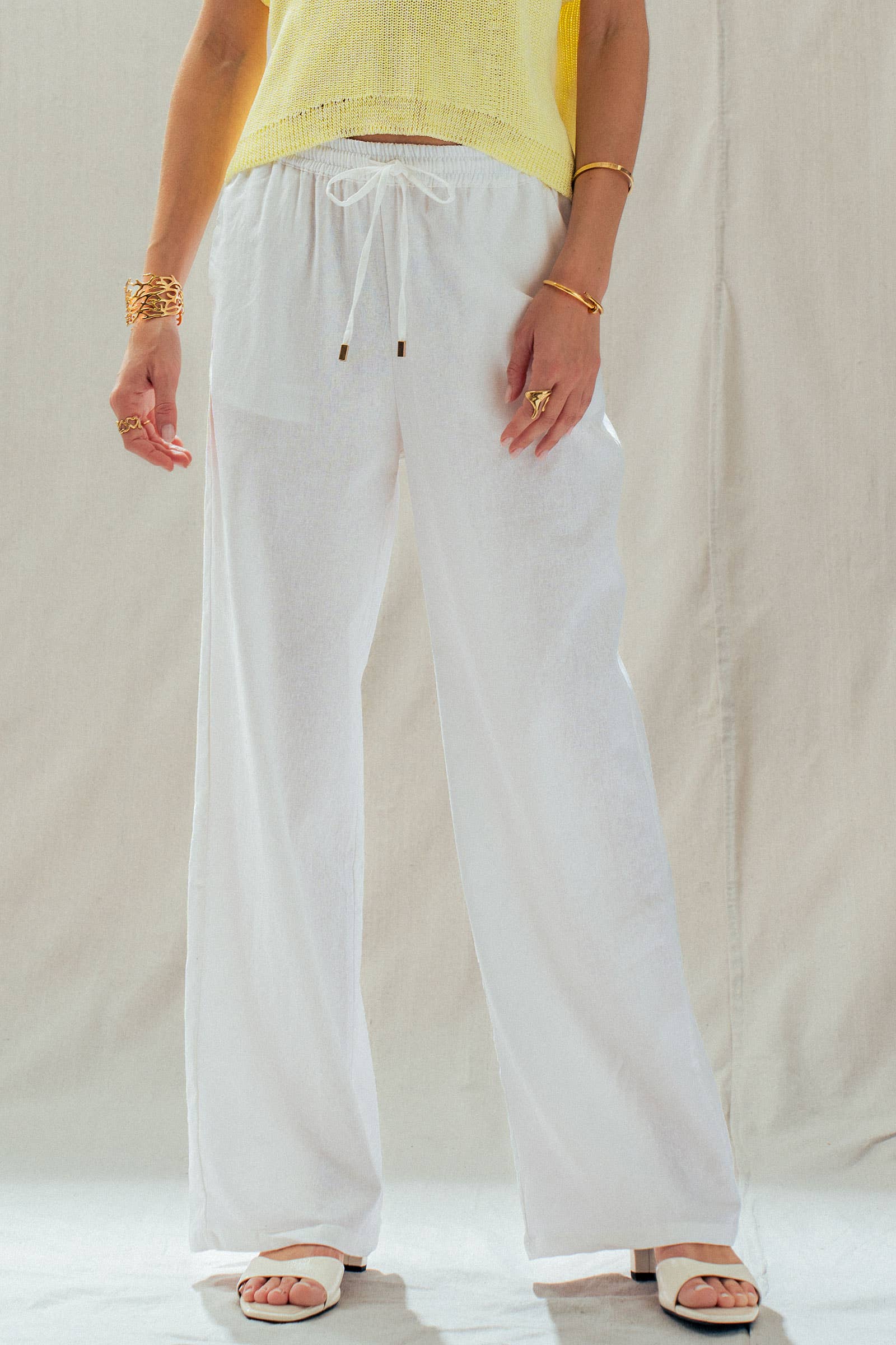 Linen Blend Wide Leg Pants Drawstring Waist