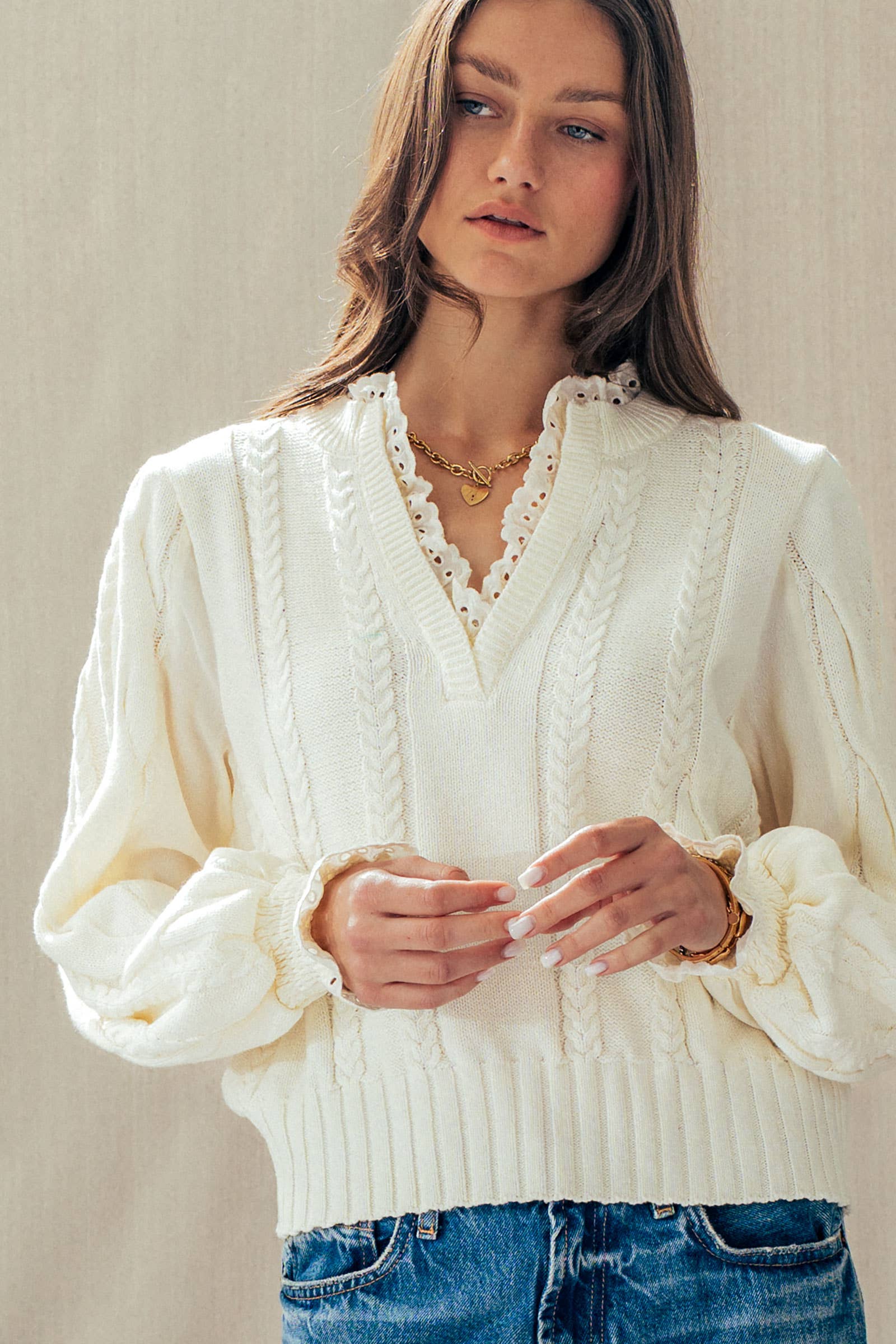 Lace Trim Cable Knit Pullover Sweater
