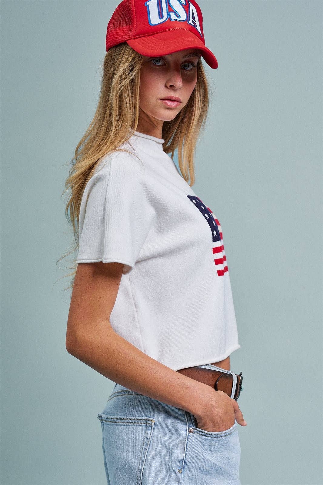 Urban Daizy American Flag Graphic Raw Edge Crop Tee White T-Shirt (Graphic) - Women's (UDZ-TP-01083-White) – alternate view 3