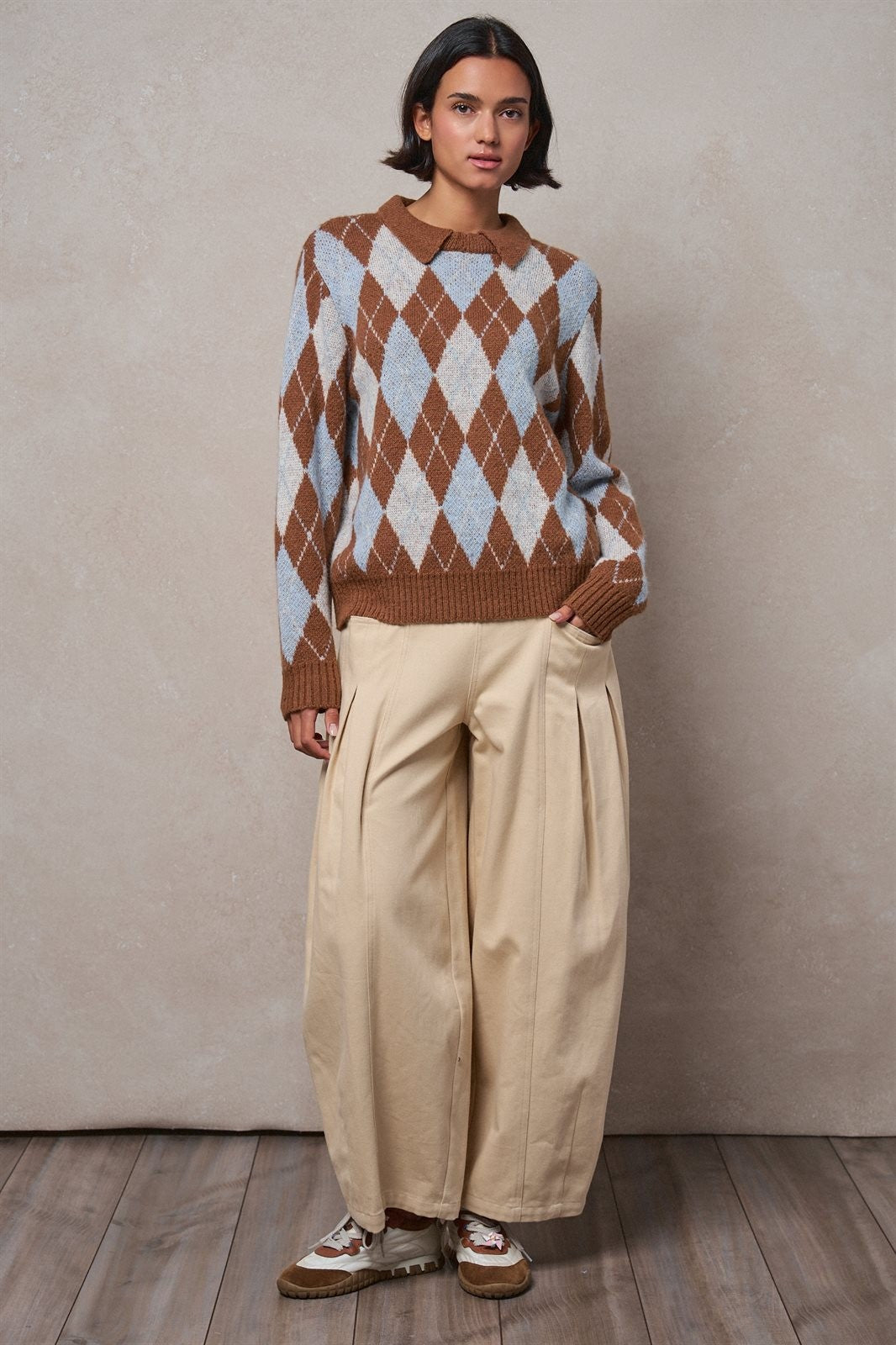 Argyle Polo Collar Sweater in BROWN MULTI - Women's Sweaters | Urban Daizy