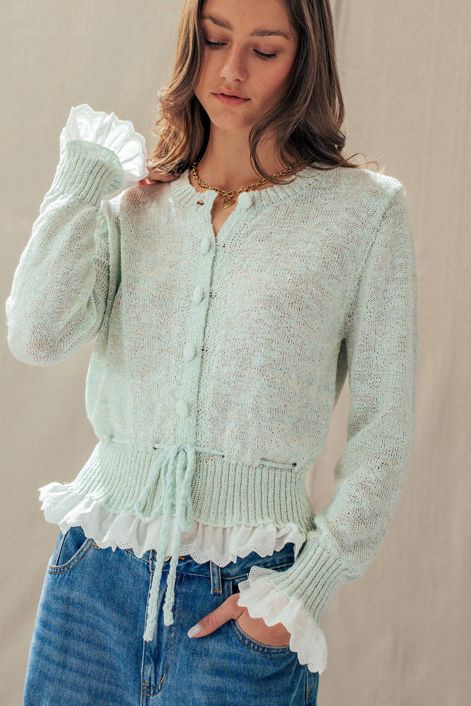 Eyelet Trim Peplum Drawstring Cardigan