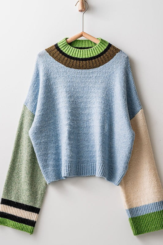 Paneled Hues Knit Sweater in BLUE SAGE - Women's Sweaters | Urban Daizy
