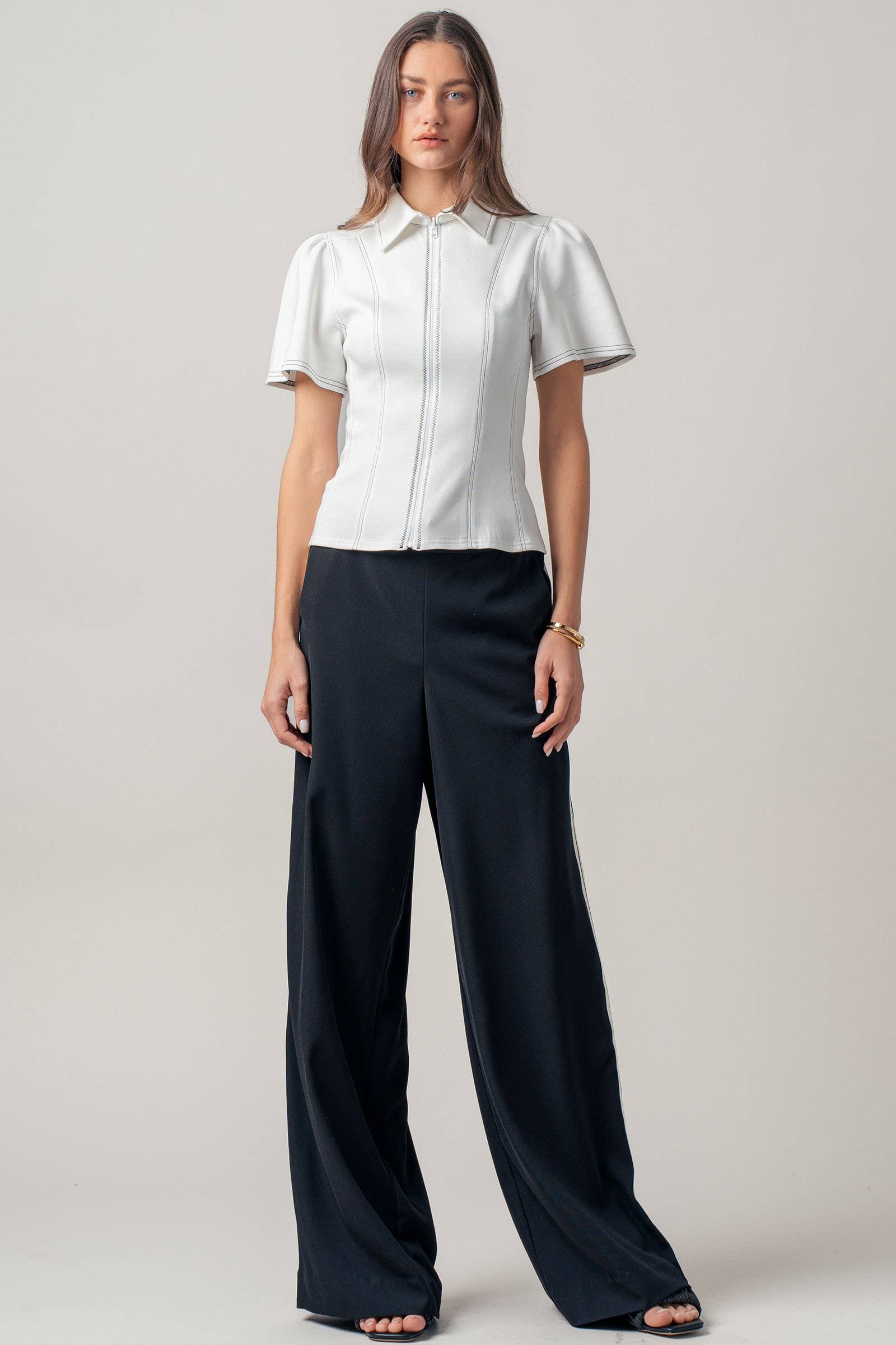 Urban Daizy Contrast Stitch Zip Front Knit Top Puff Sleeve Ivory Blouse - Women's (UDZ-TP-01058) – alternate view 8