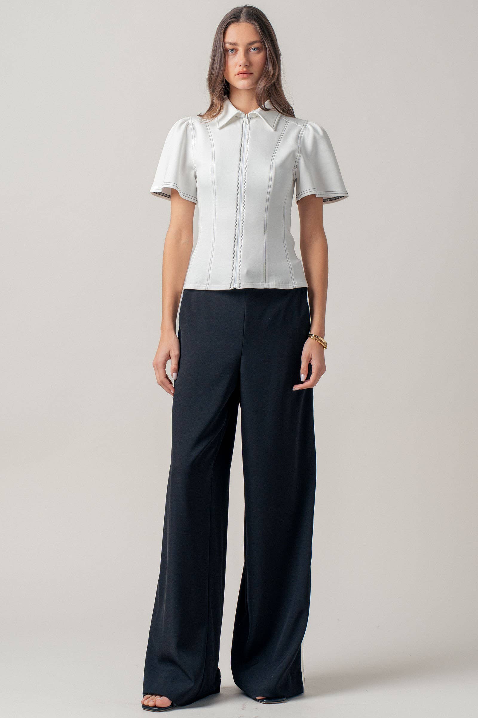 Urban Daizy Contrast Stitch Zip Front Knit Top Puff Sleeve Ivory Blouse - Women's (UDZ-TP-01058) – alternate view 10