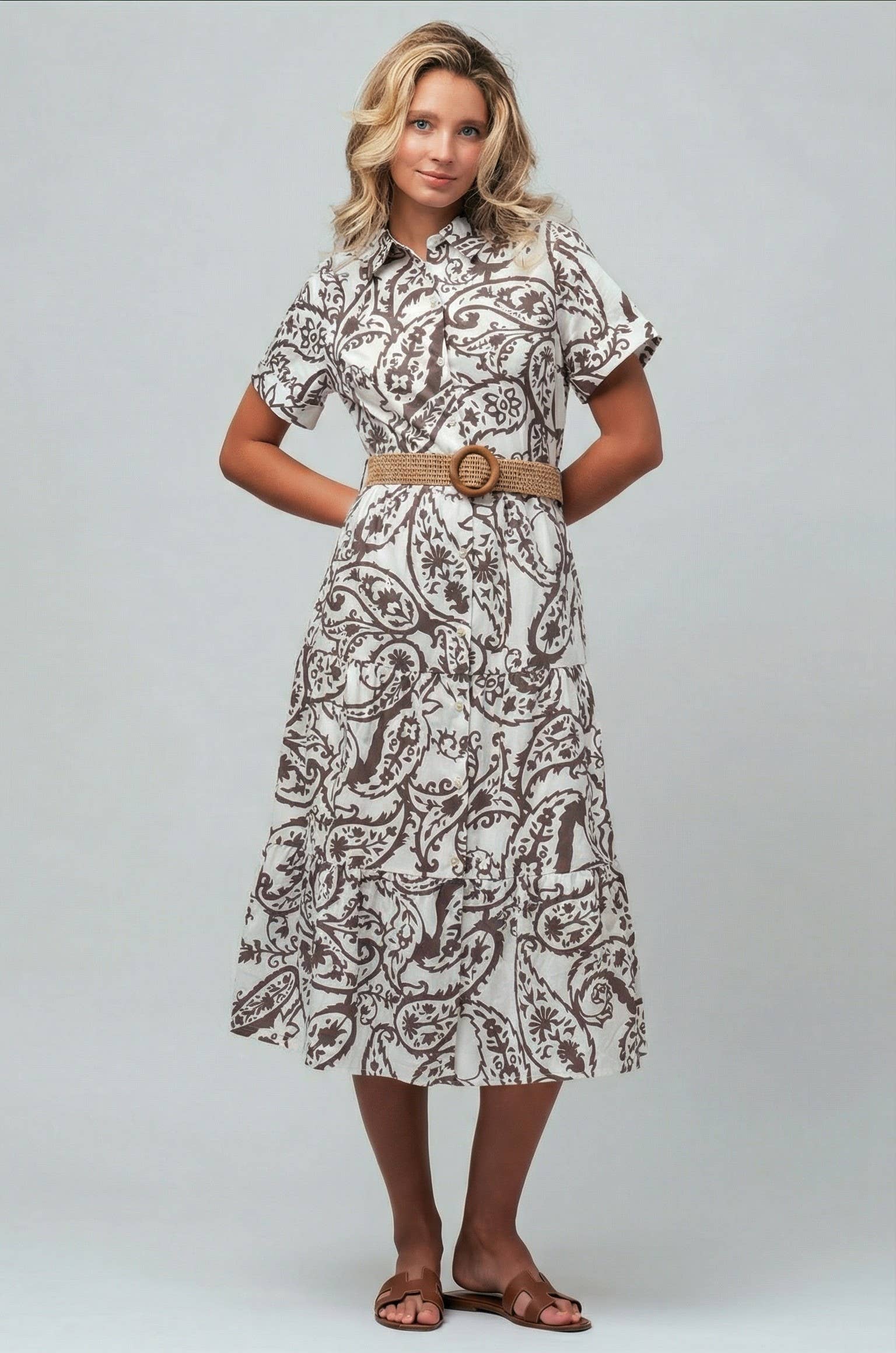 Paisley Cotton Belted Tiered Midi Shirt Dress