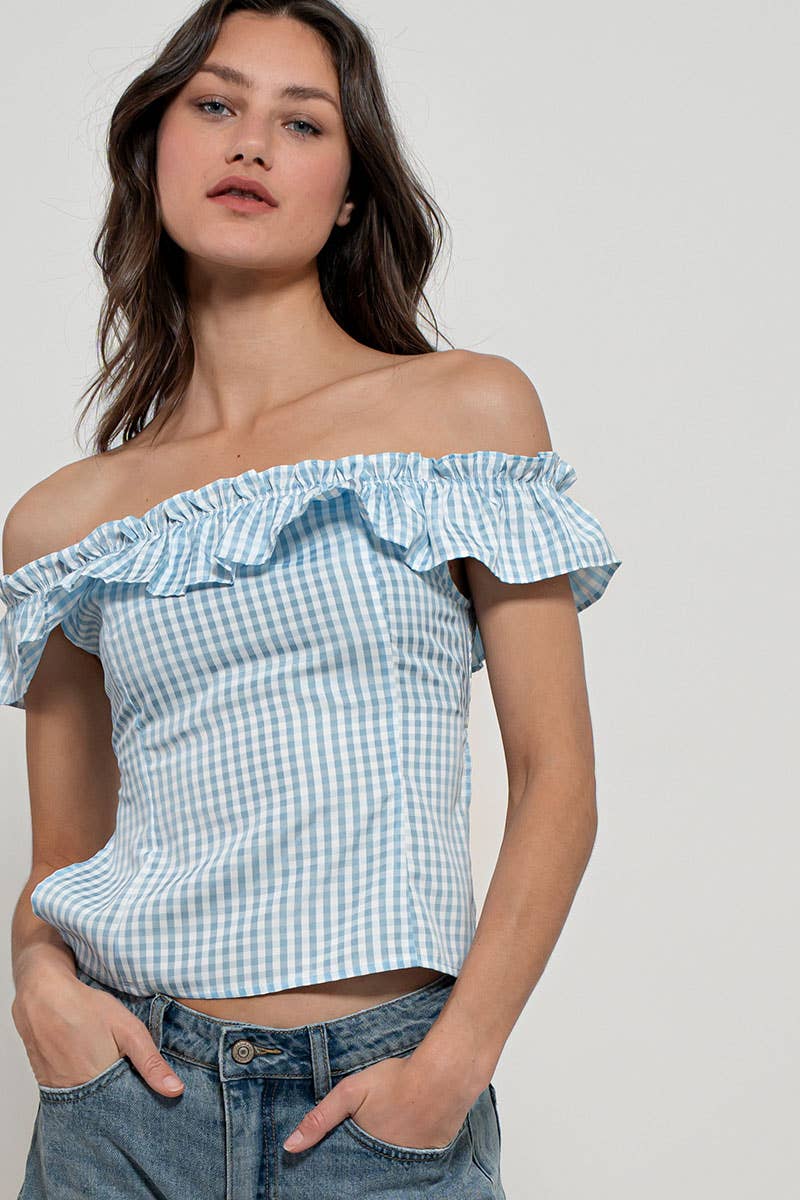 Urban Daizy Gingham Ruffle Off-Shoulder Crop Top Pink Blouse - Women's (UDZ-TP-01034) – alternate view 22