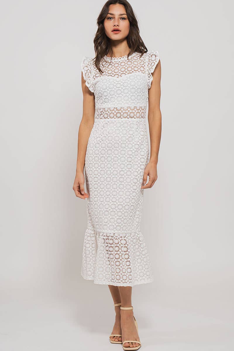White Lace Scalloped Ruffle-Sleeve Midi Dress