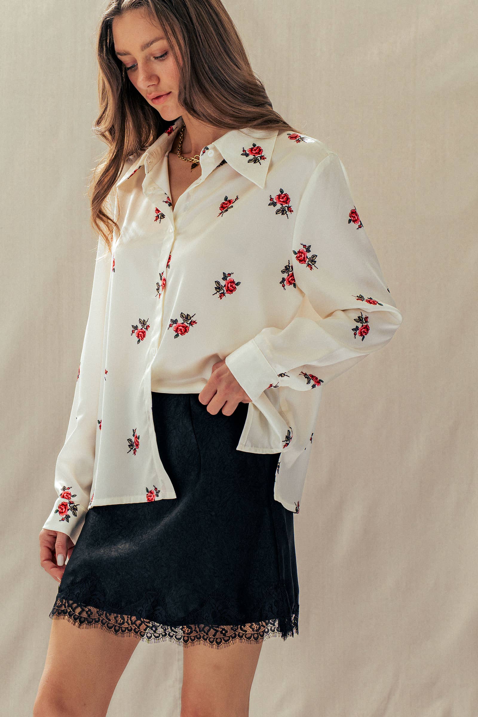 Rose Print Satin Button-Up Blouse