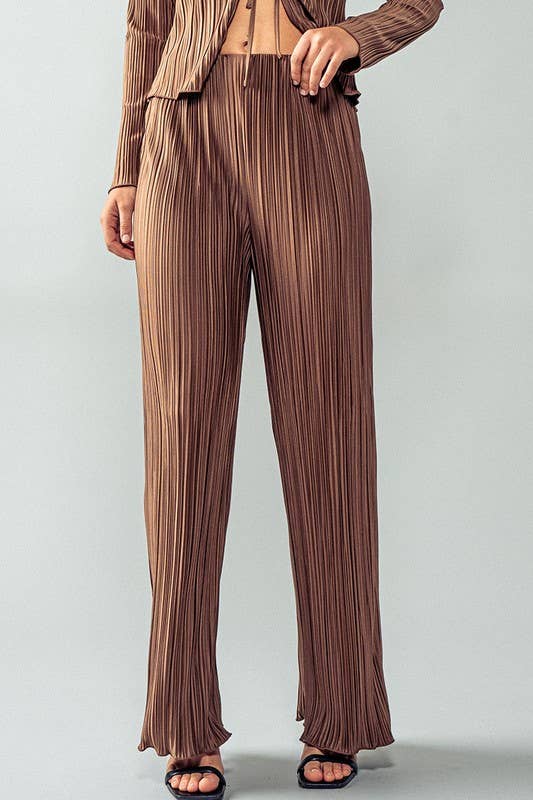 Urban Daizy Shimmer Pleated Wide Leg Elastic Waist Pants Brown Pants - Women's (UDZ-PT-00231) – alternate view 7