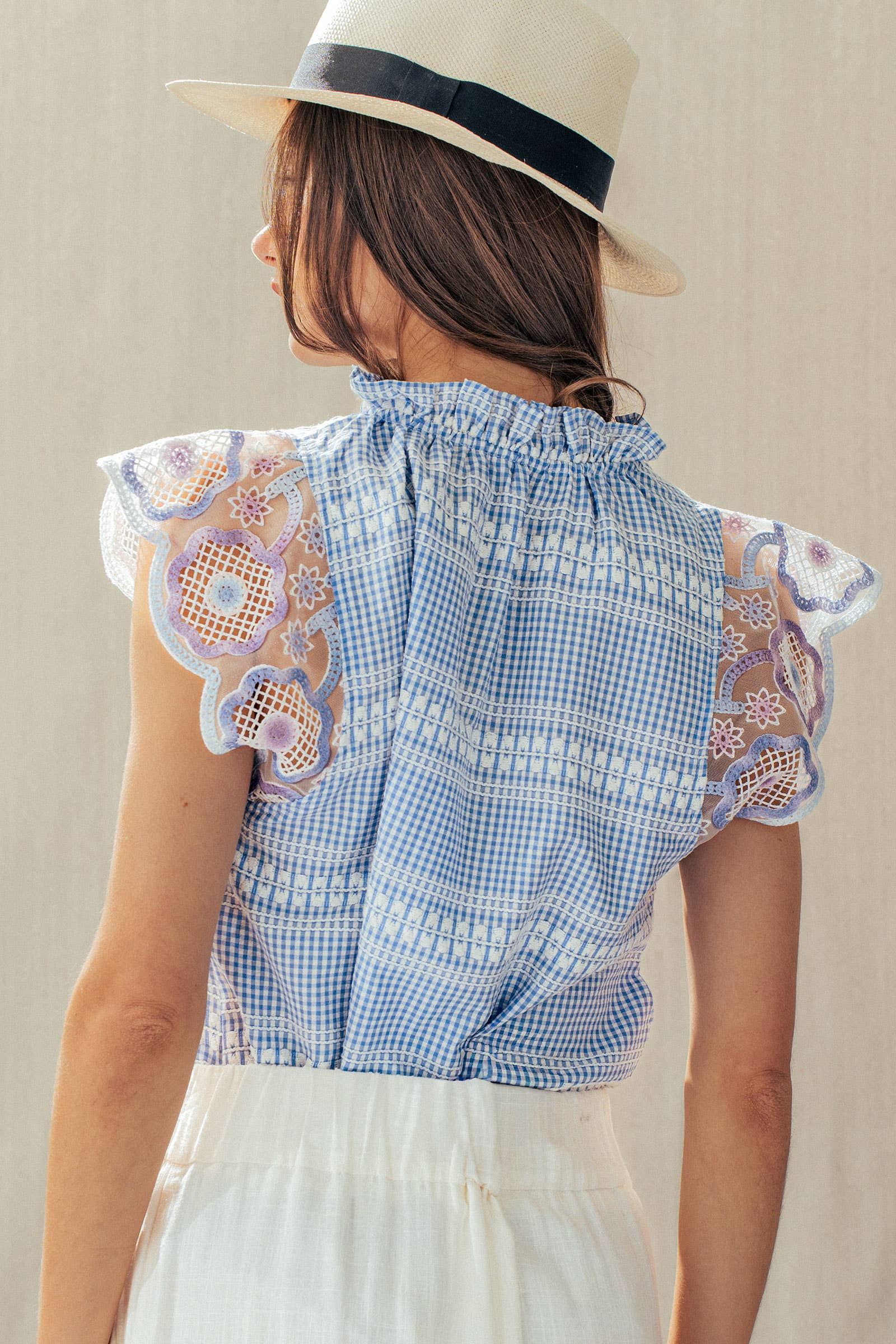 Gingham Lace Flutter Sleeve Cotton Top