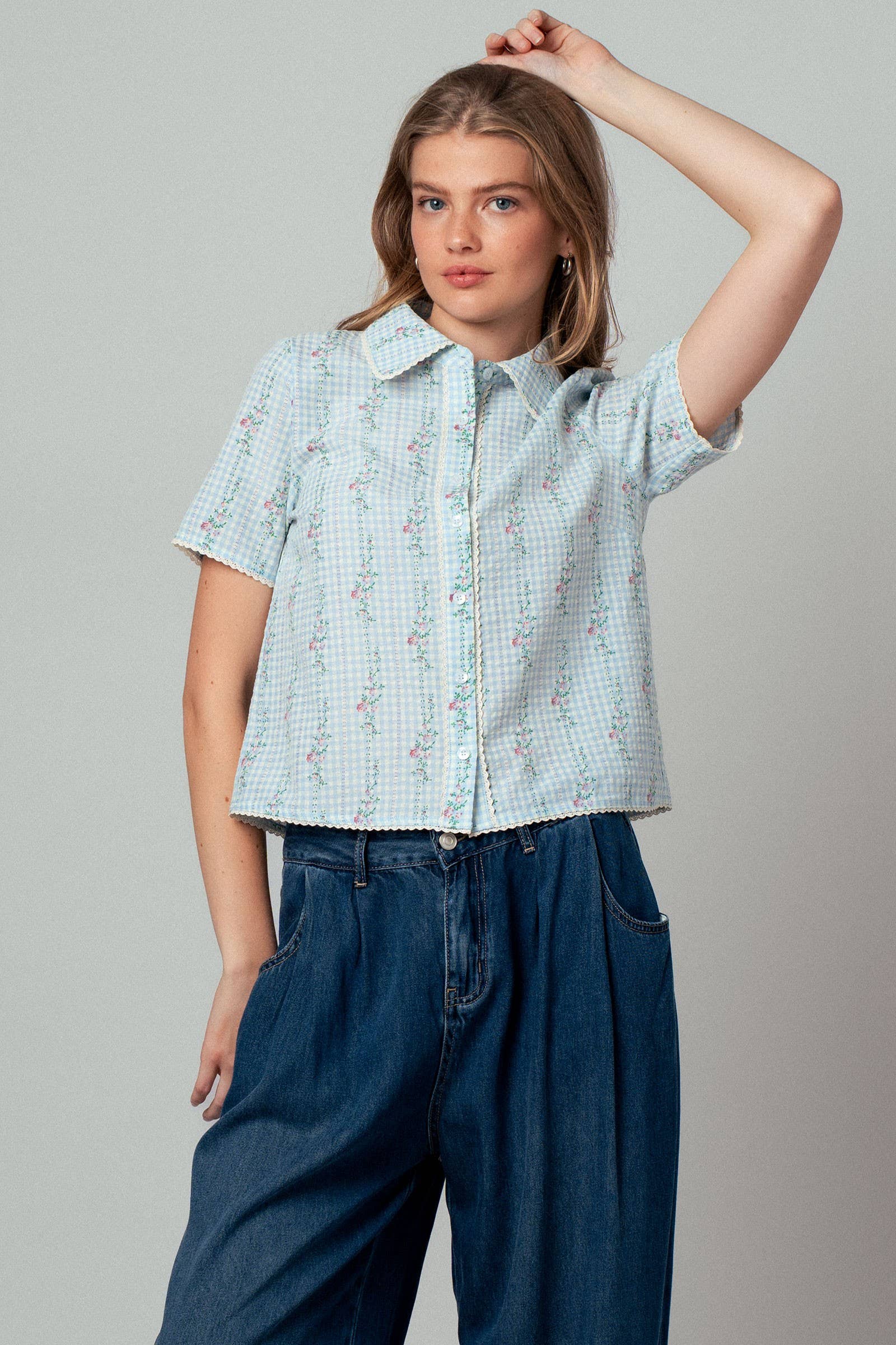 Gingham Floral Lace Trim Peter Pan Collar Shirt