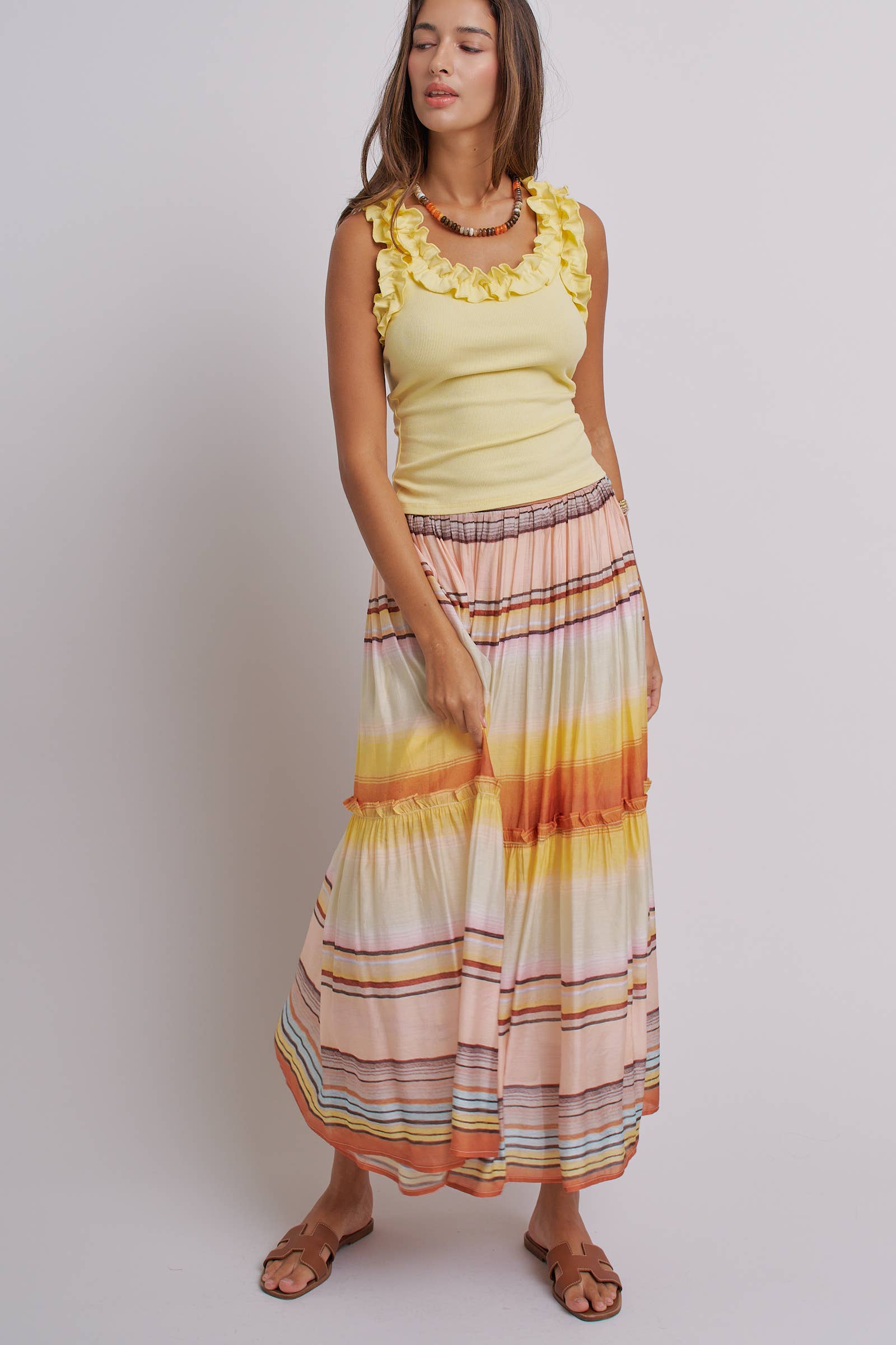 Ruffle Trim Ribbed Rayon Racerback Tank Top