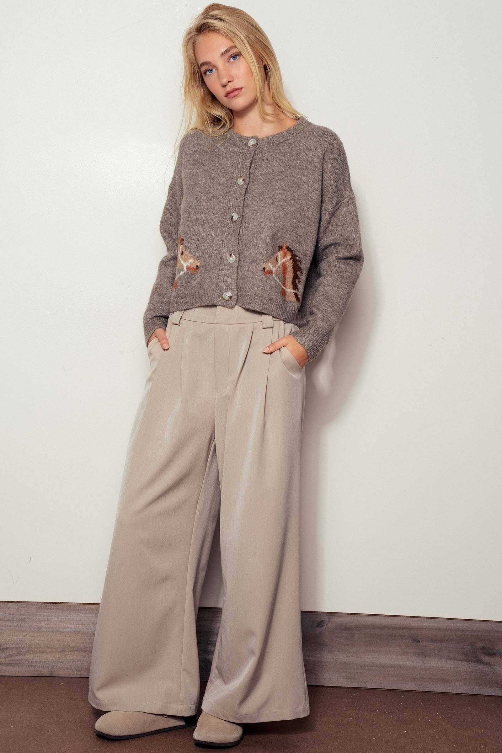 Western Horse Graphic Button Front Cropped Cardigan Sweater