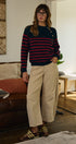 Striped Mock Neck Sweater with Gold Button Shoulder in RED/NAVY - Women's Sweaters | Urban Daizy
