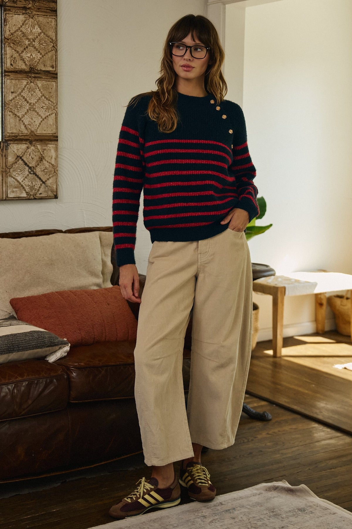 Striped Mock Neck Sweater with Gold Button Shoulder in RED/NAVY - Women's Sweaters | Urban Daizy