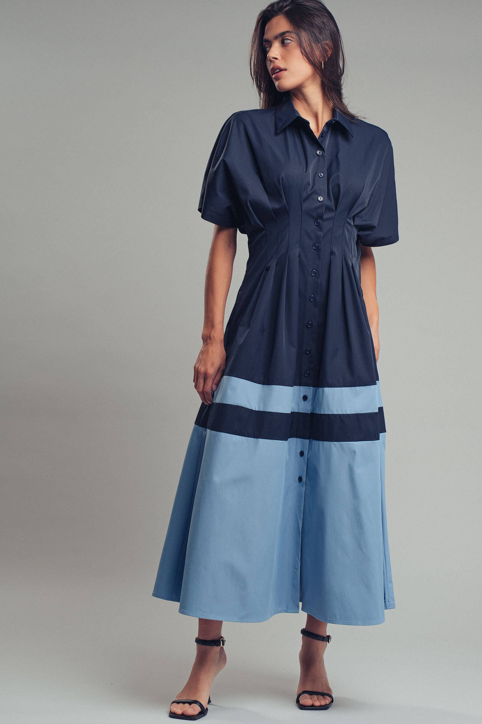 Colorblock Button-Up Cotton Midi Dress
