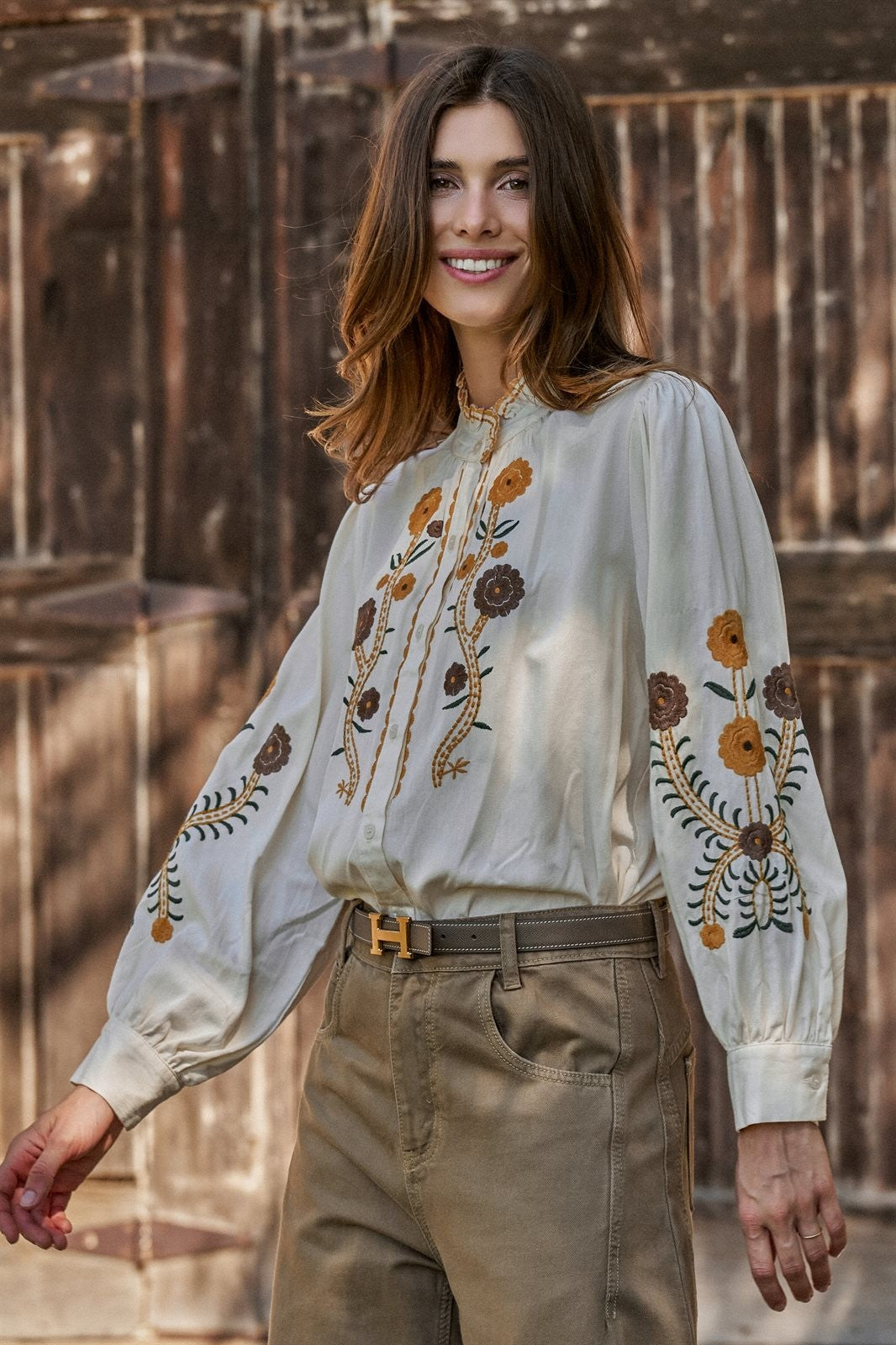 Embroidered Ruffle Neck Blouse in Western Folk Style in IVORY - Women's Shirts & Blouses | Urban Daizy