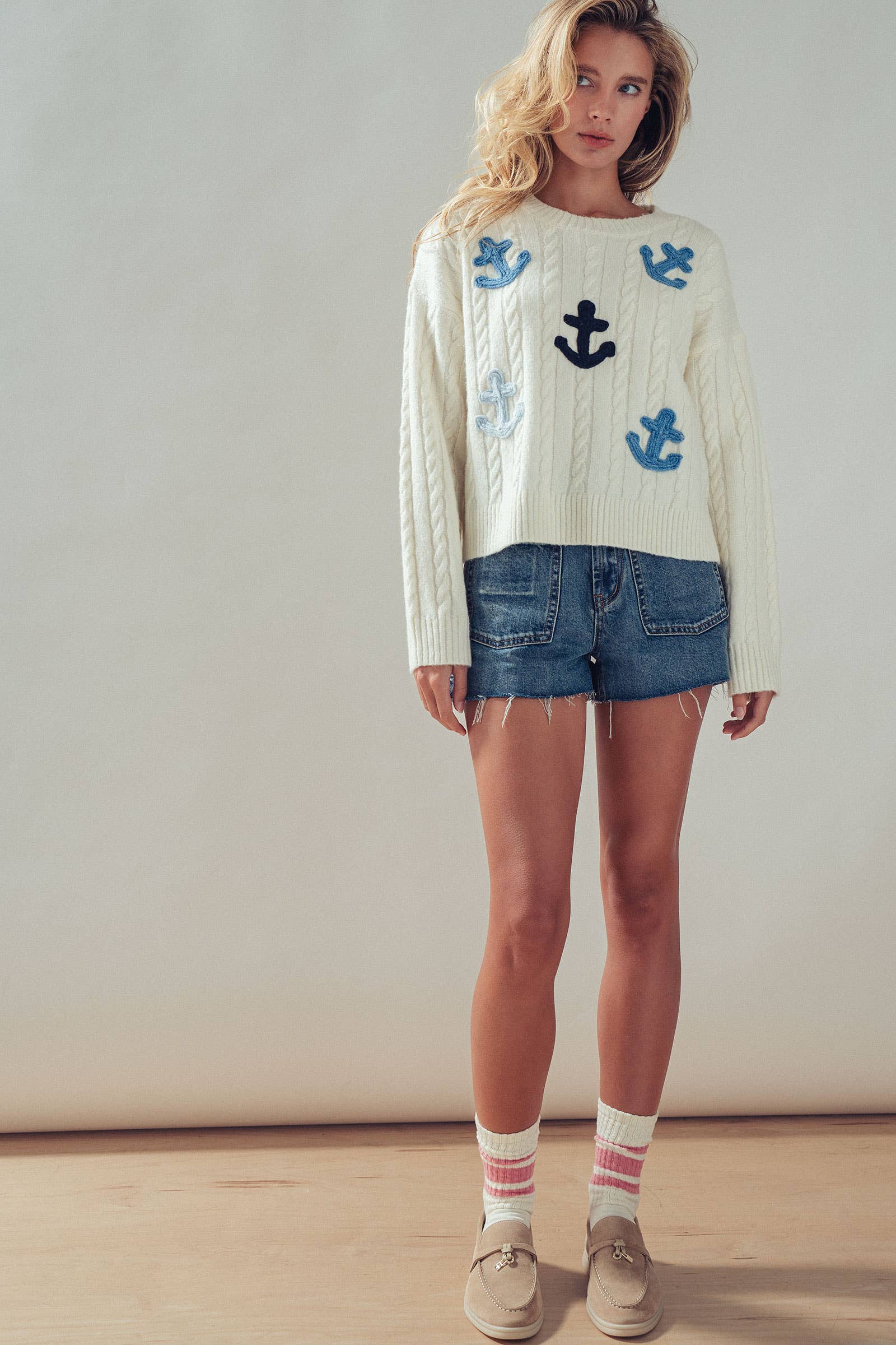 Nautical Anchor Applique Cable Knit Sweater