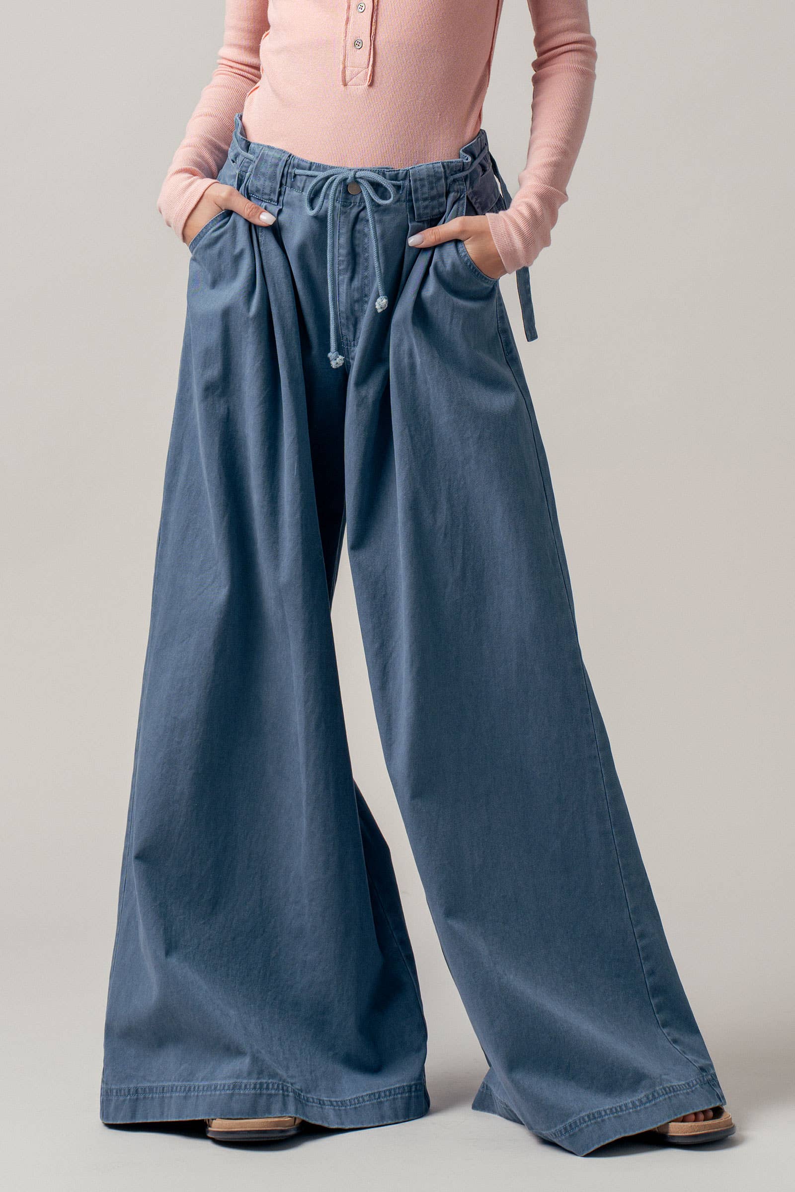 Wide-Leg Drawstring Denim Pants